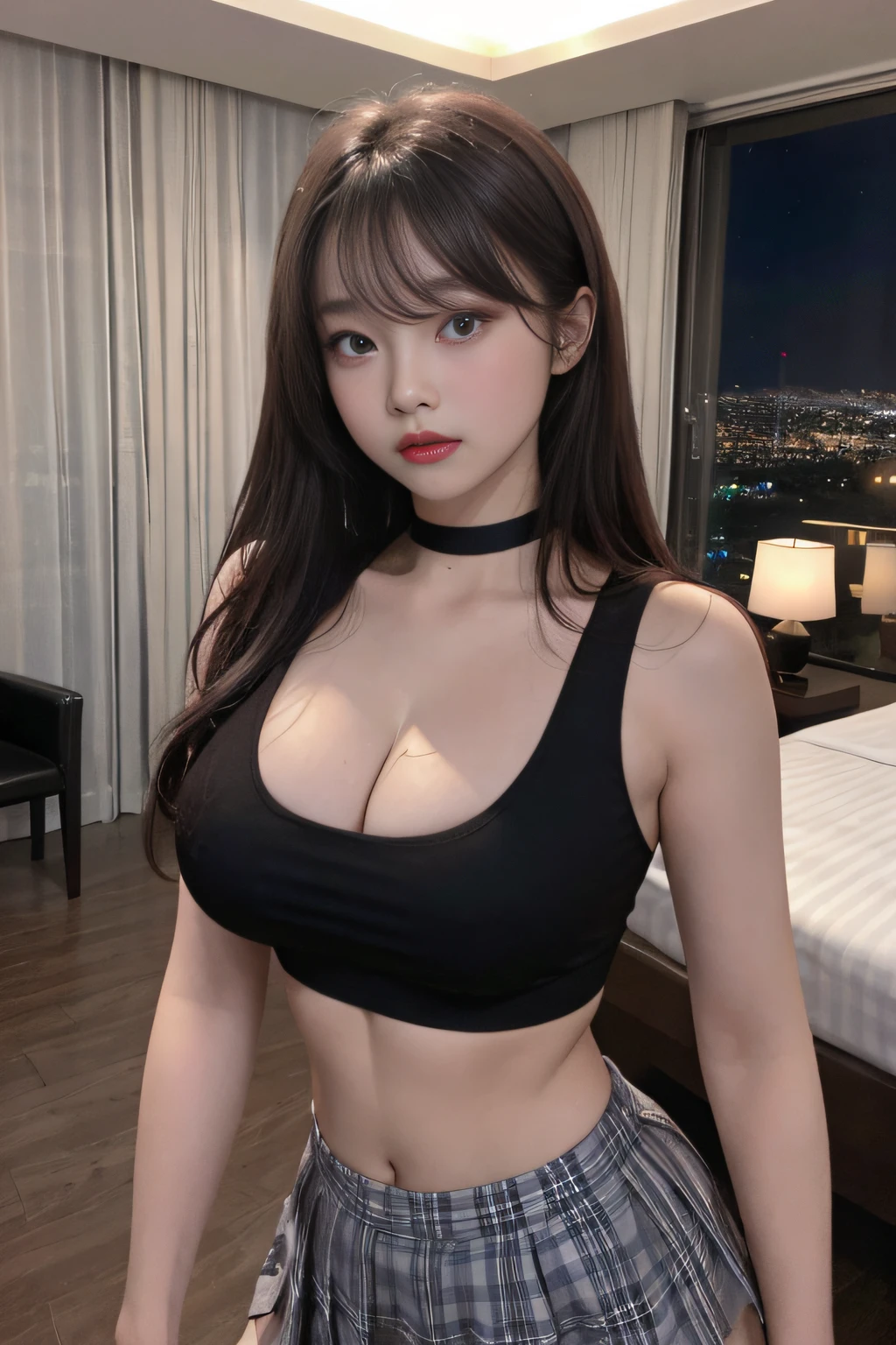 Top image quality、Raw photography、超A high resolution、17-year-old Korean、Wearing a black mask、very large round breasts、shiny breasts、cleavage of the breast、Cropped Black Tank Top、blue plaid skirt、fair white skin、shiny white skin、Beautiful eyes with random colors、beautiful eyes finely detailed、elongated eyes、pale pink blush、long eyeslashes、beautiful double eyelid、eyeshadows、Beautiful navel、Beautiful abs、Beautiful ribs、Glowing brown hair、Hotel room at night、Room with night view、large glass windows、