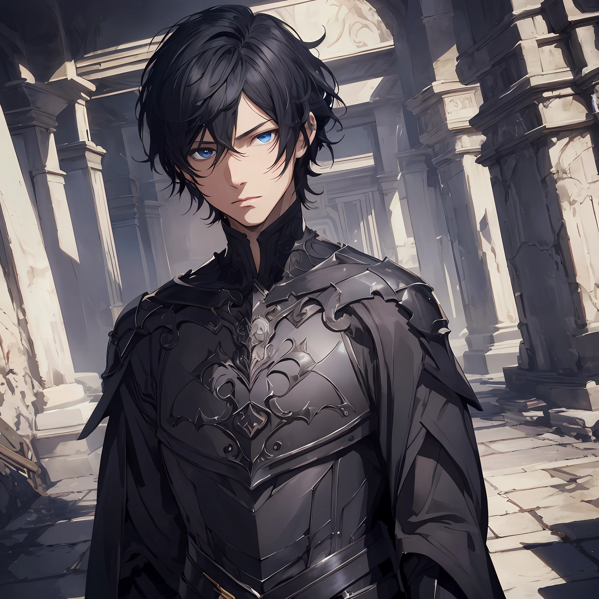masterpiece, best quality, 1man, adult, male focus, solo, dark black hair, short hair, blue eyes, looking at viewer, closed mouth, Fantasy aesthetics, Highly detailed, shadowverse style, black metallic armor