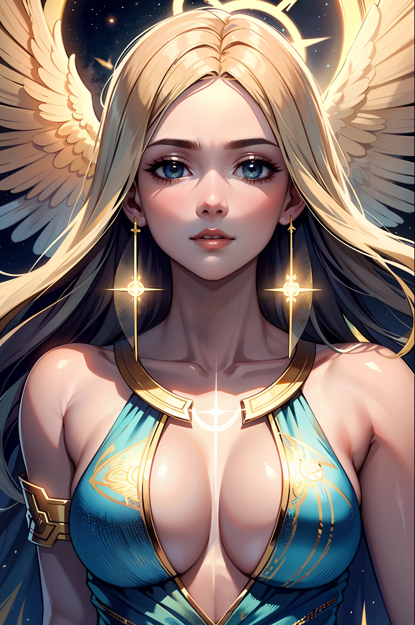 photorealistic, (hyperrealistic:1.2), beautiful, masterpiece, best quality, extremely detailed face, perfect lighting, nice hands, perfect hands,    A divine and radiant angel in celestial splendor, (heavenly presence:1.2), (serene expression), (majestic wings), (ethereal glow:1.1), (peaceful and comforting), (transcendent beauty), (divine grace), (symbol of purity), (golden halo), (uplifting atmosphere), (celestial realm), (spiritual enlightenment), (gentle and protective), (illuminating light:1.2), (seraphic figure), (harmony and serenity), (angelic robes), (timeless and celestial), (captivating aura), (healing and guidance)
