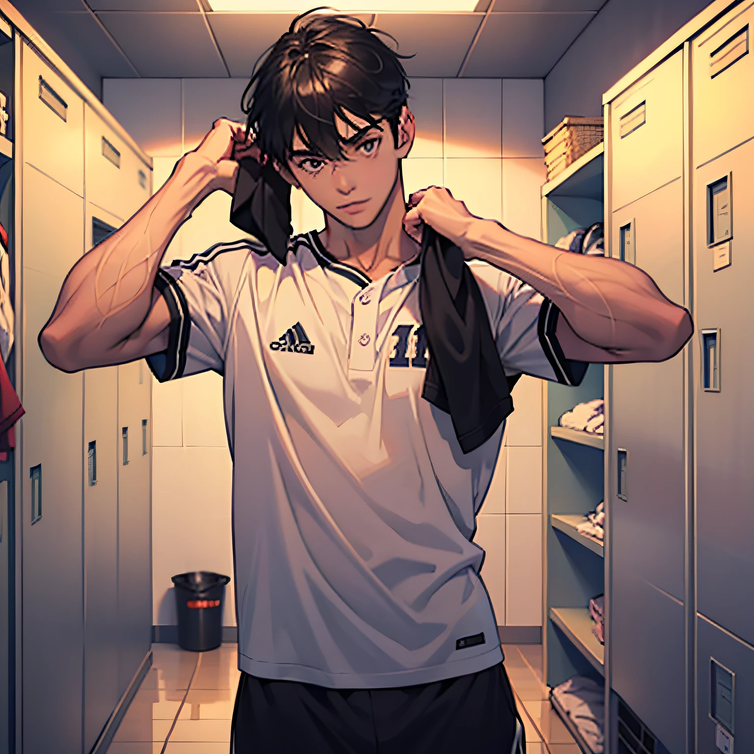 A boy changing clothes in locker room , sport , baseball
