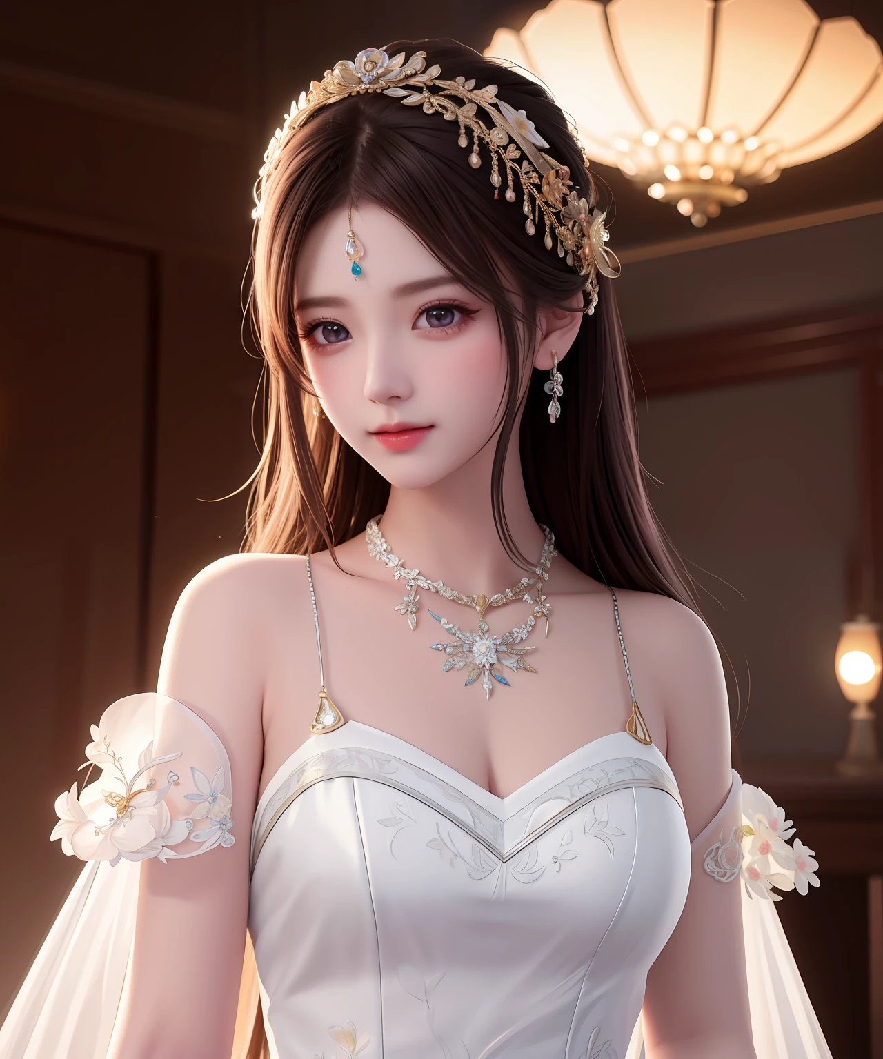 Best quality, masterpiece, high resolution, 1girl, porcelain dress, hair accessories, necklace, jewelry, beautiful face, on the body, Tyndall effect, realistic, dark studio, edge lighting, two-tone lighting, (high detail skin: 1.2), 8k UHD, dslr, soft light, high quality, volumetric light, candid, photo, high resolution, 4k, 8k, background blur,