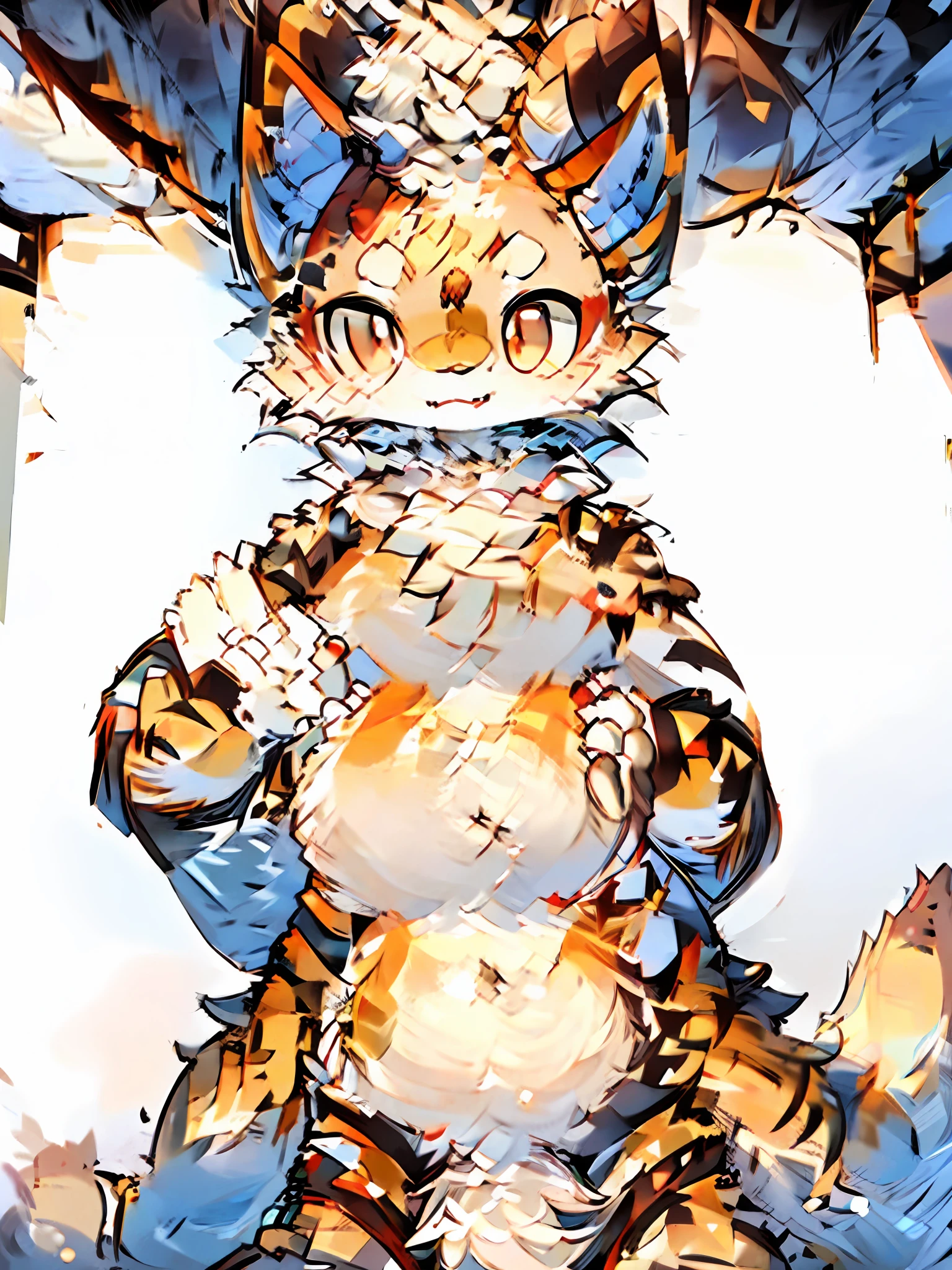 one tiger,The whole body is beige,The patterns are all gold,The pattern is ingots,There is a pair of golden horns on the head,Red eyes,The eyebrows are golden auspicious clouds,There is a pair of white dots between the corners of the eyebrows and the eyebrows,The neck hair is white,There are also three golden stars in the middle of the neck hair,At the end of the tail is a golden auspicious cloud,Both cheeks are golden,A hand greets into the distance,The inside of the meat pad and ears is red,Place your other hand in front of your stomach