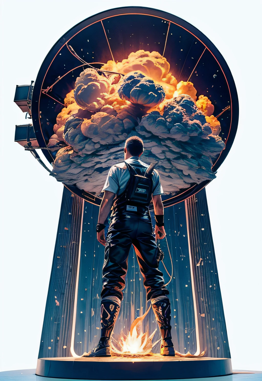 a man coming out of a spaceship like the one in the recent "DUNE" movie, pyro from rockets, smoke, blue skies, white clouds, noon, daylight, colorful clothes, outdoor, soil on the ground, hills, wind, ambient light, daylight, Black man. detailed face, (((Man))), exploding ship, dynamic fighting pose,holding a mechanical pyramid with floating glowing cubes, the pyramid has some glowing lines. the cubes are radiating energy. the man is commanding the pyramid, the man is a scientist. white clouds, misty, fog, full body, string shoes, Hyper realistic, Photography, Picture of the week, RAW, beautiful, (finely detailed skin), African skin, pilot, standing next to a stargate, in red-blue-black futuristic uniform, Clouds in the background, lightning, extremely detailed,colorful,highest detailed, (dynamic pose), shiny skin, zentangle, flowers, abstract background,(masterpiece) (perfect proportion)(realistic photo)(best quality) (detailed) photographed on a Canon EOS R5, 50mm lens, F/2.8, HDR, (8k) (wallpaper) (cinematic lighting) (dramatic lighting) (sharp focus) (intricate)