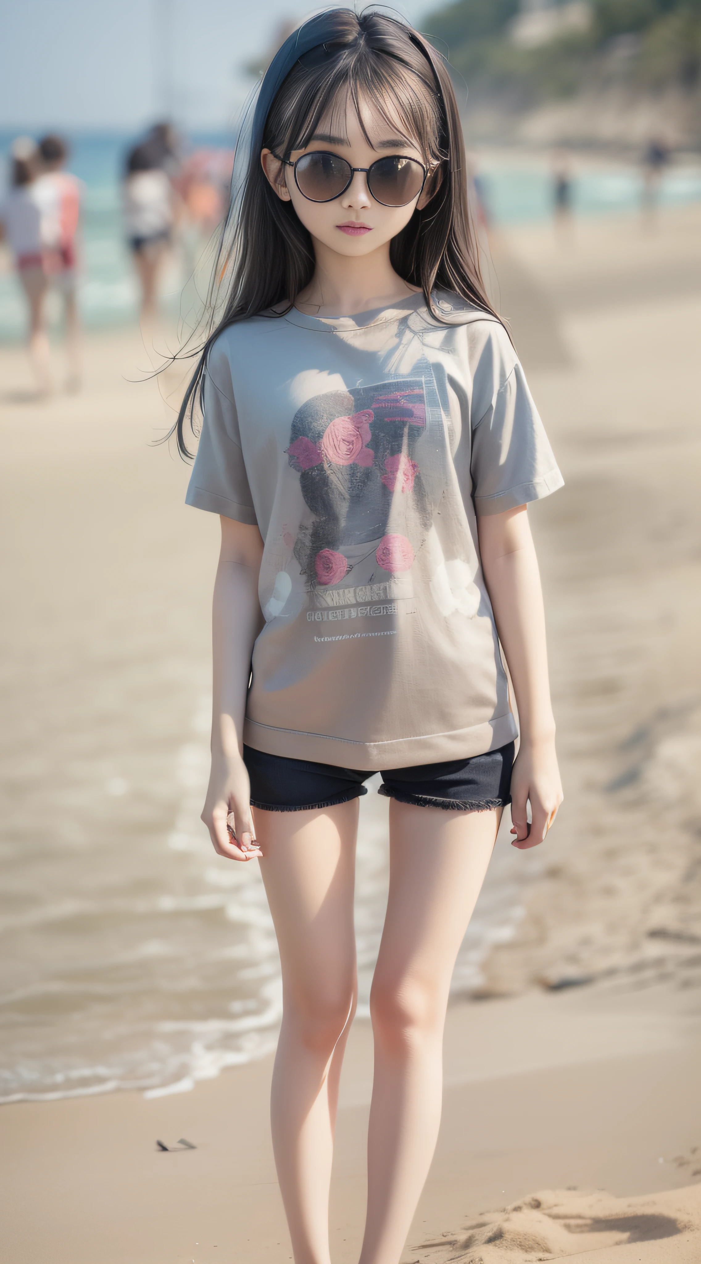 Real Human，sweet，slim，solo person，Full body photo of the front，校服，teens girl，Wear metal glasses，Background sandy beach，Need，tmasterpiece