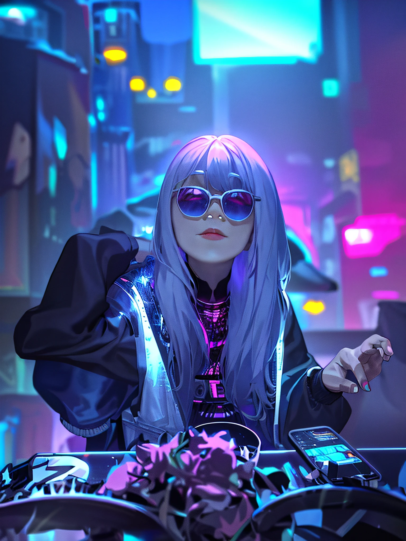 lucy \(cyberpunk\), 1girl, hair scrunchie, hime cut, silver hair, colored tips, full moon, grey eyes, jacket, long sleeves, looking at viewer, medium hair, multicolored hair, parted bangs, parted lips, pink hair, portrait, red eyeliner, red lips, solo, white jacket, cyberpunk \(series\), rainy night in a cyberpunk city with glowing neon lights