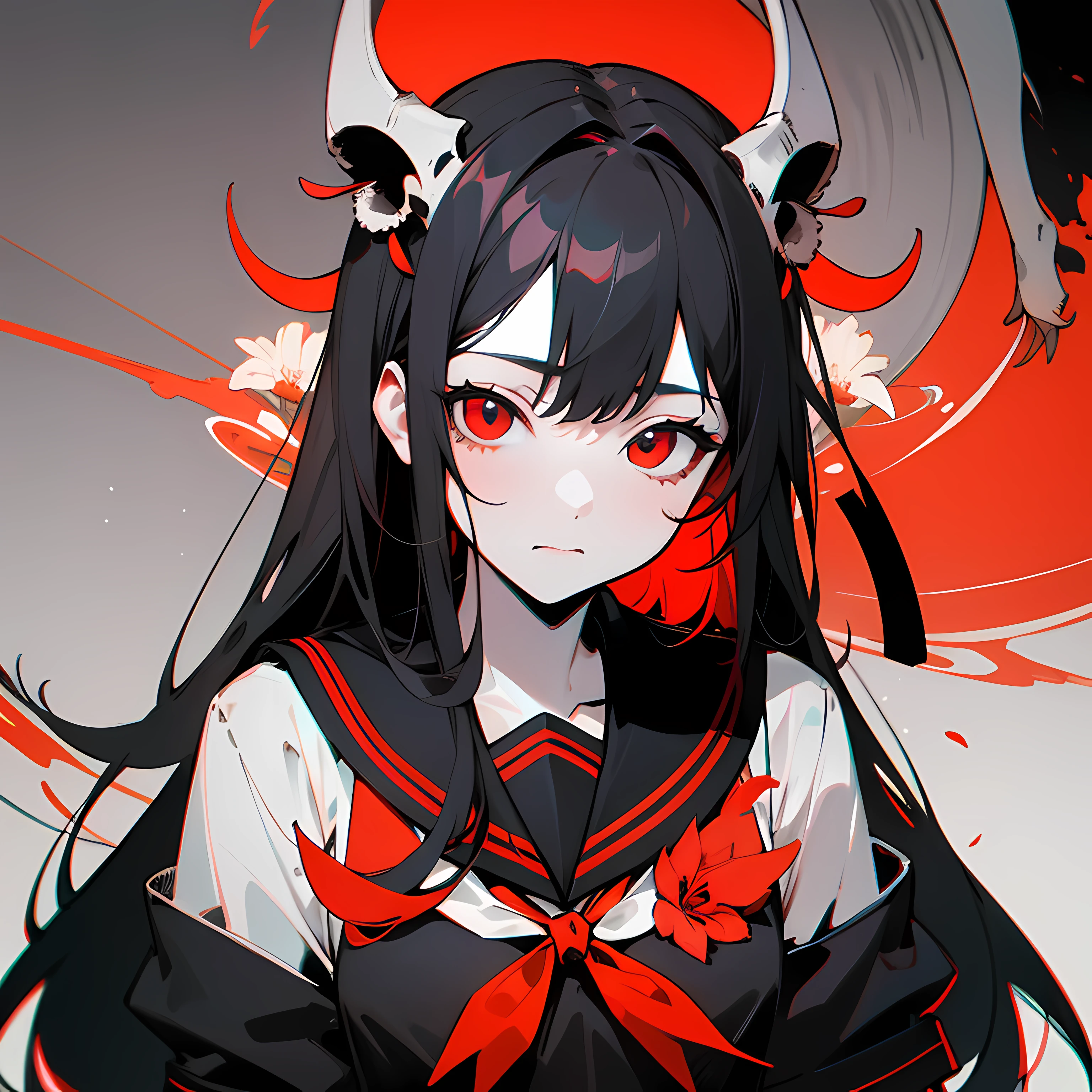 masterpiece, best quality, flat color, limited palette, low contrast,
1girl, serafuku, long straight black hair,
lycoris flower, goat skull,
(red, black)