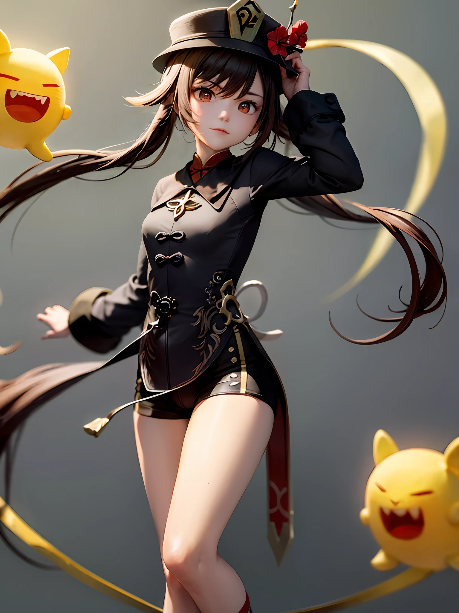 flower, Red_flower, Solo, Hat, Long_Hair,Hu Hutao \(Genshin Impact\),Mature female, Looking_at_peeping at the viewer, The upper part of the body_Body, Chinese_clothes, 1girll, Hat_flower, brown_Hair,Closed_Mouth, hibiscus, Red_Rose, spider_Lily, bangs,kbxll