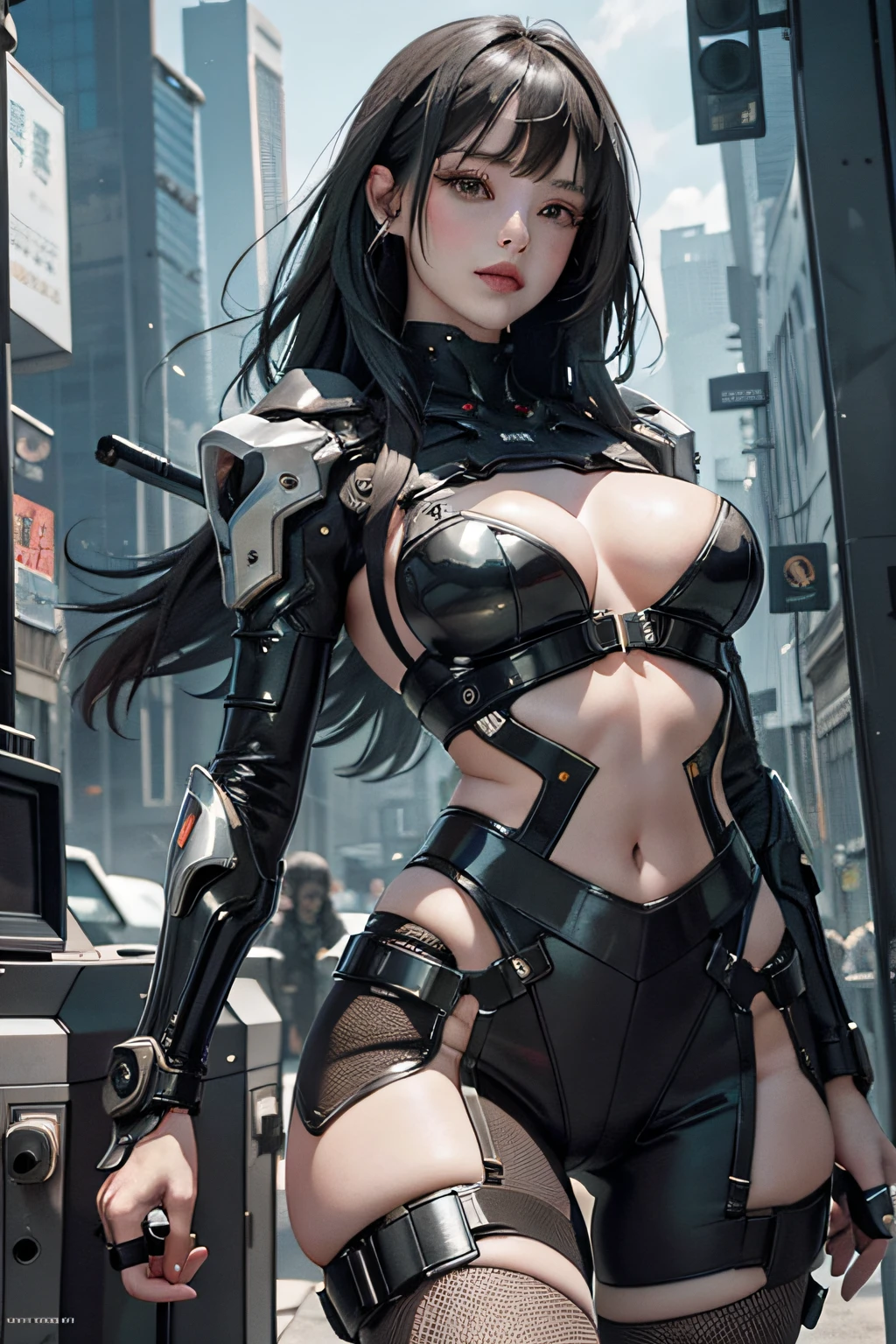 The highest image quality、Exceptional detail、超A high resolution、(真实感:1.4)、The best illustrations、Favor the details、Highly condensed 1girl、delicate and beautiful face、Dressed in black and green mechs、Cyber City、the background is a high-tech lighting scene of the futuristic city、Raw feet、tits out、cleavage of the breast、hand on the breasts、cyberpunked、ruins