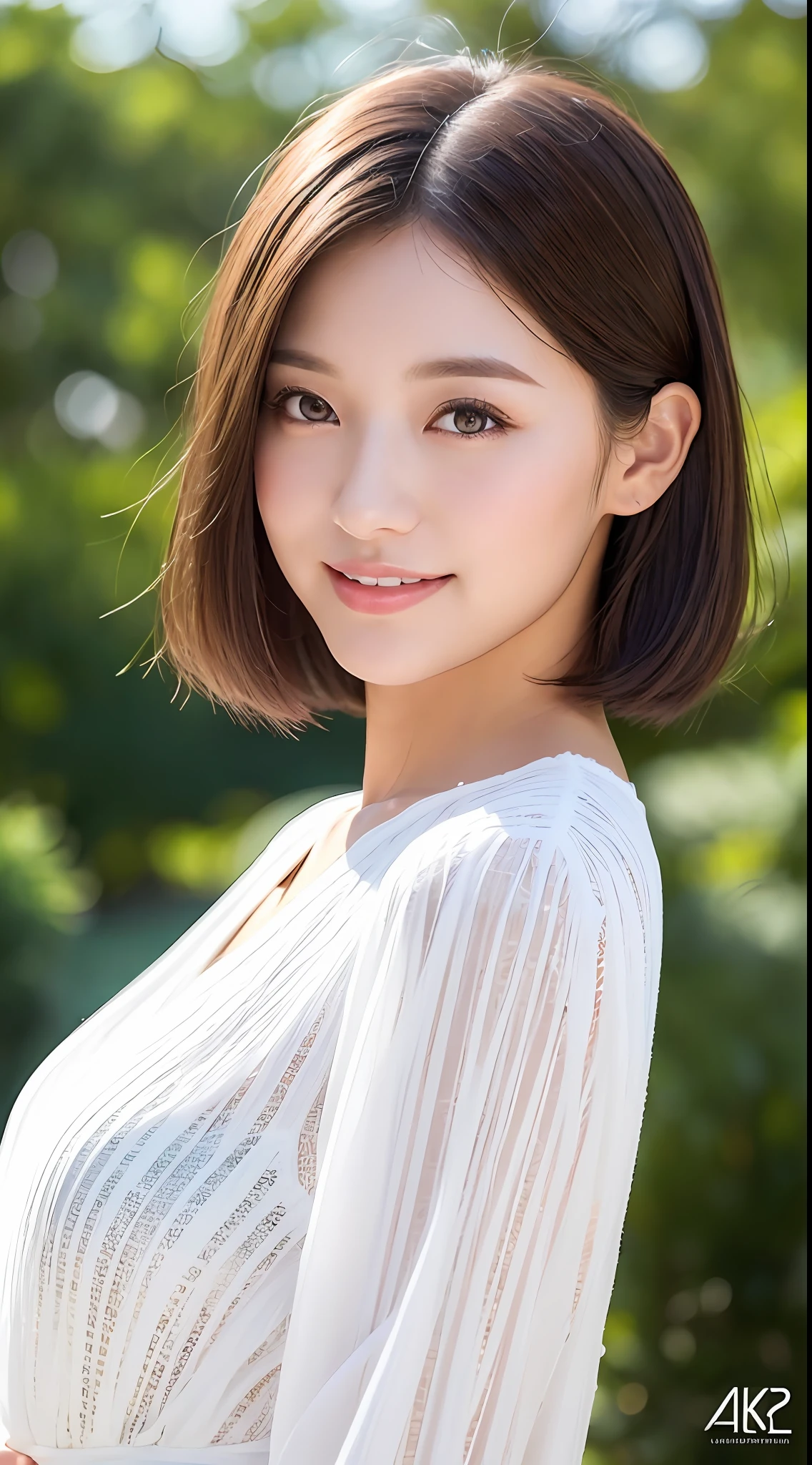 Please create a 1 girl illustration with the following elements delicately in detail Conditions:Don't put more than one person on one illustration。Draw one girl。 Complement: Idade:Beautiful girl in her 20s hairstyle: Short hair hair color: Brown eye color: Brown skin tone: White clothing: White dress expression:Smile Pose:The upper part of the body、Facing straight ahead graphics:8K、realisitic、top-quality、profetional lighting、超A high resolution、(Photorealsitic:1.4) number of people:1 person background:Will