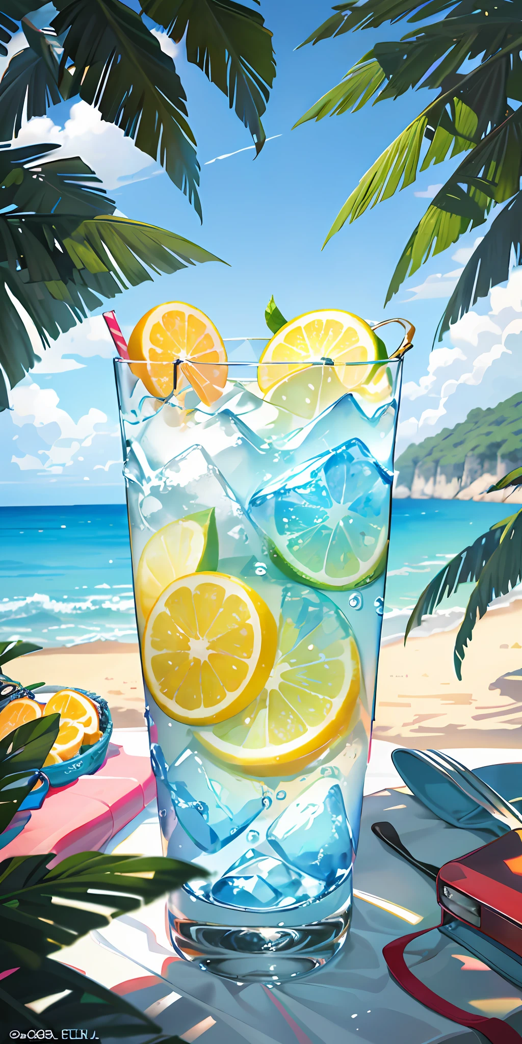 Using the right hand, macro photography depicts picnic scenes themed around a tropical beach holiday in summer. The protagonist of this photo is a cool glass filled with iced carbonated drinks. The lens focuses on glasses, fruit, dazzling midday sun, fisheye lenses, distant views, a hearty meal, (splashed liquid: 1.6), ice, (picnic scene: 0.5) (cute dessert: 0.4), dripping. It's filled with carbonated drinks, translucent liquid, daytime outdoor lights (beach 1.5), tropical plants, hot weather, HD detail, wet watermark, hyperdetail, cinematic, surrealism, soft light, deep field focus bokeh, ray tracing, diffuse (ultra-fine glass reflection), and surrealism.