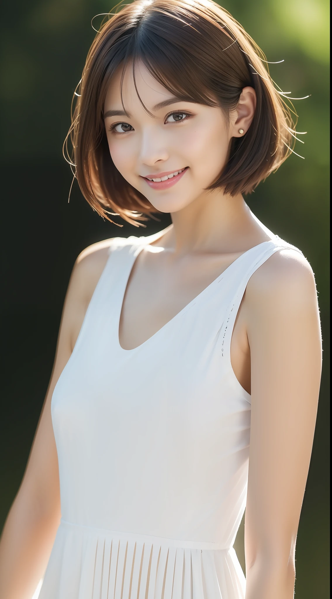 Please create a 1 girl illustration with the following elements delicately in detail Conditions:Don't put more than one person on one illustration。Draw one girl。 Complement: Idade:Beautiful girl in her 20s hairstyle: Short hair hair color: Brown eye color: Brown skin tone: White clothing: White dress expression:Smile Pose:The upper part of the body、Facing straight ahead graphics:8K、realisitic、top-quality、profetional lighting、超A high resolution、(Photorealsitic:1.4) number of people:1 person background:Will