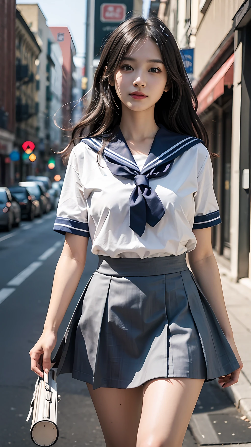 tmasterpiece,super high image quality,realisticlying,Three-dimensional feeling,physically-based renderingt,Hyper-detailed depiction,8K,Fill light,A female high school student,adolable,Slim,Chinese face,Short black shoulder-length hair,hair messy,Delicate facial features,ssmile,Toothy,slightly red face,a sailor suit(Shirts and skirts),Not exposed,streetview,Scenic beauty,The background is real,taking a walk,White shoes,Look at the audience,fully body photo,with a well-proportioned body,Front Shooting,Medium height,over distances,Well laid out,Shoot with a DSLR