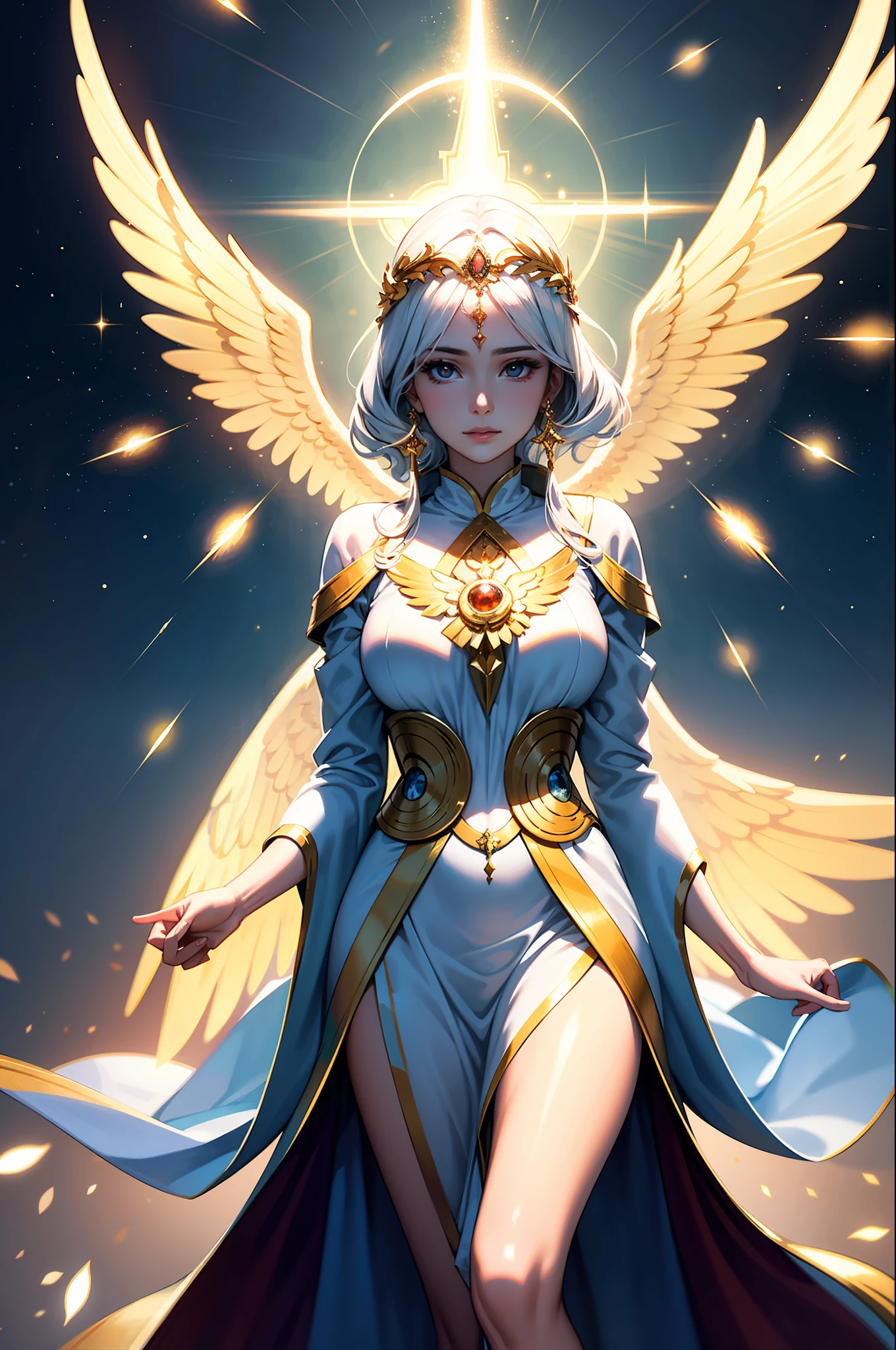 photorealistic, (hyperrealistic:1.2), beautiful, masterpiece, best quality, extremely detailed face, perfect lighting, nice hands, perfect hands, A divine and radiant angel in celestial splendor, (heavenly presence:1.2), (serene expression), (majestic wings), (ethereal glow:1.1), (peaceful and comforting), (transcendent beauty), (divine grace), (symbol of purity), (golden halo), (uplifting atmosphere), (celestial realm), (spiritual enlightenment), (gentle and protective), (illuminating light:1.2), (seraphic figure), (harmony and serenity), (angelic robes), (timeless and celestial), (captivating aura), (healing and guidance)