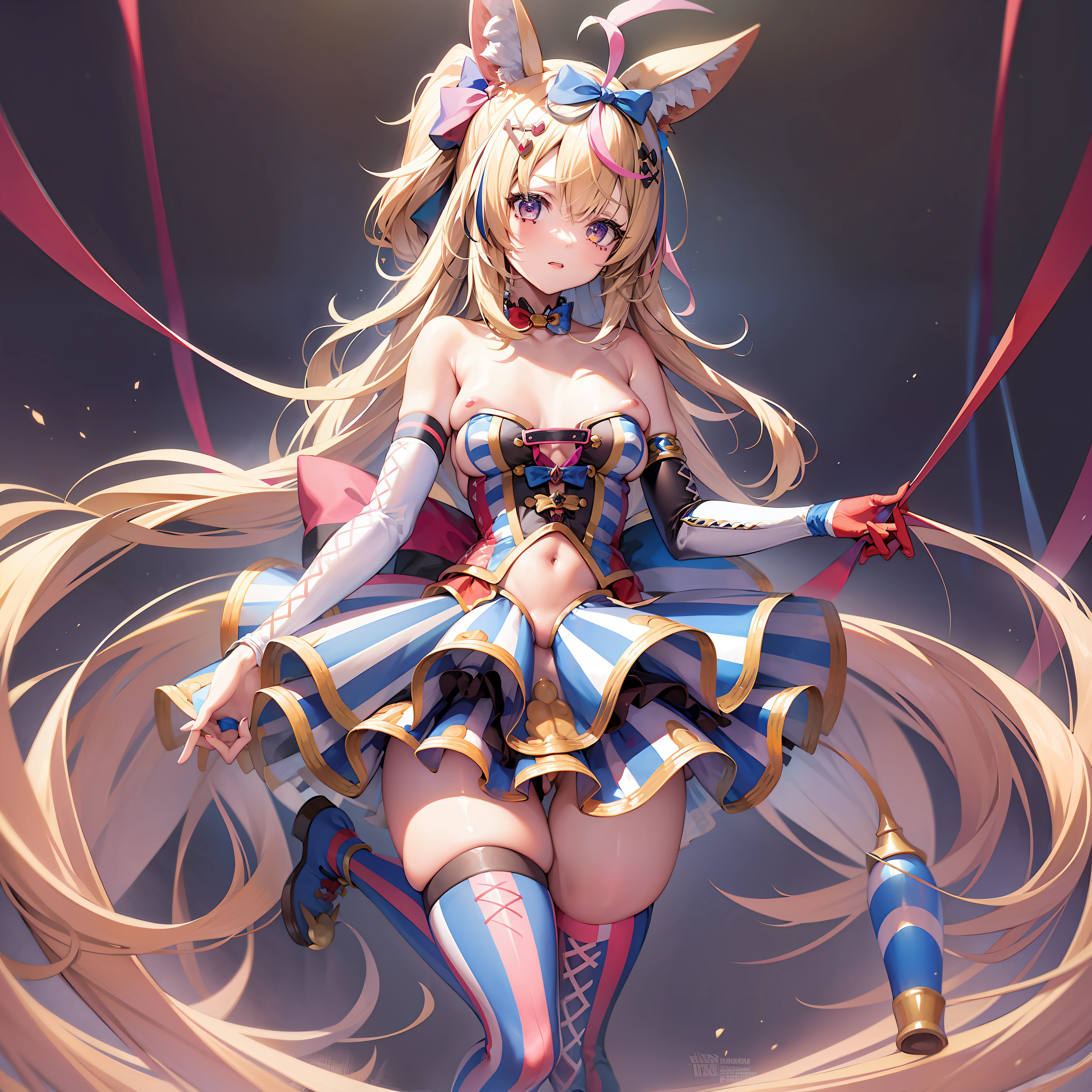 ((Masterpiece)), (Best Quality), Solo, Op1, Animal Ears, Hairpins, Striped Hair, Hair Bow, Clown Hat, Fox Tail, Thighs, Navel Cutout, Mismatched Legs, Elbow Gloves, Single Gloves, Bare Shoulders, Vertical Stripes, Skirt, (NSFW:1.3), Full Body