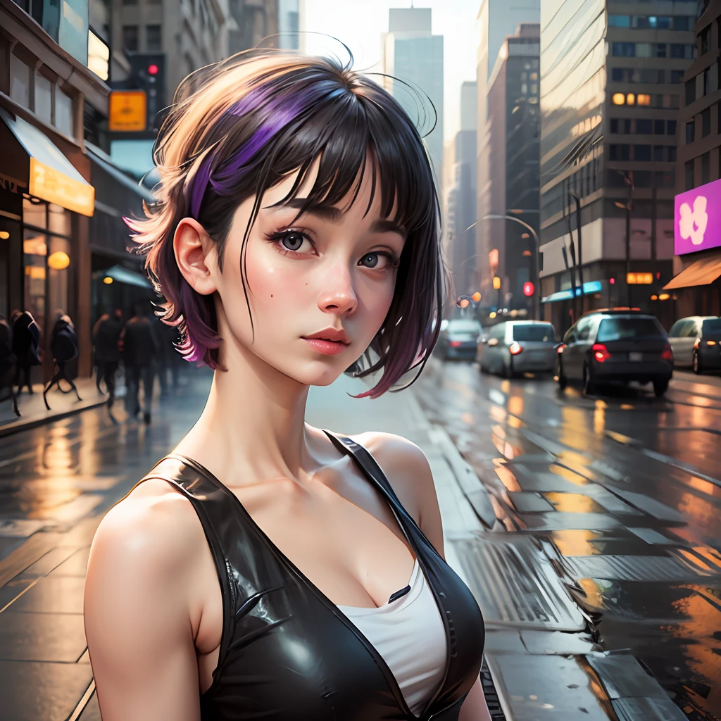 Realistic Full Body Potrait of Hinata Hyuga, character by Masashi Kishimoto, Purple Short Hair, Beautiful White Eyes, White Eyes Ball, in the City of New York, High Resolution --auto --s2