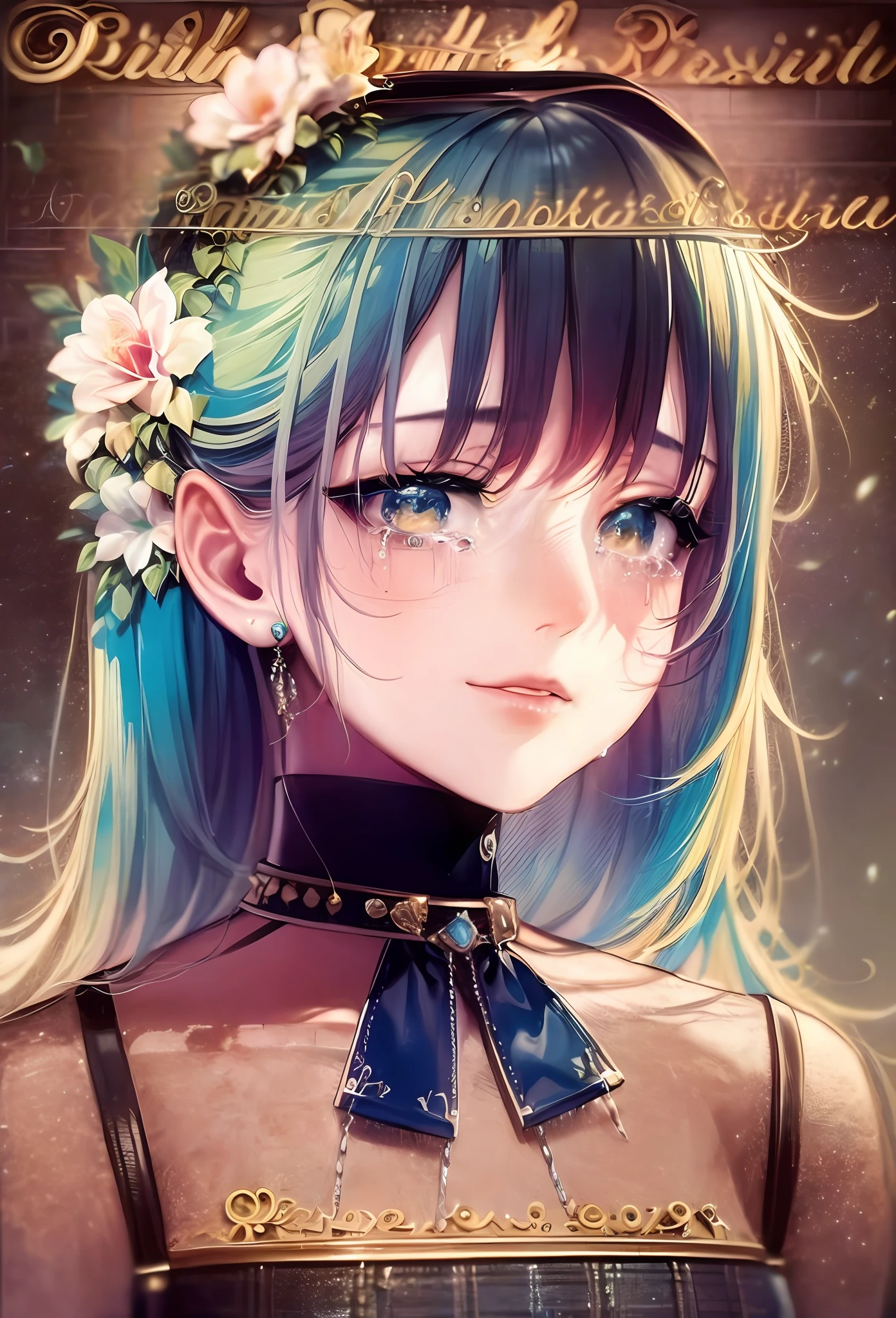 Crying face、😢😭🥺world masterpiece、collection、Homage to the art or artist work of Picasso and Renoir, Not sentimental、Excellent portrayal、Gentle expression、More detailed character faces, Serious competition、Compositions like paintings、Konmutsuki_Gacha_Series 1, punk_rosette, realistic、Delicate brushwork、aqua color flowers, Full body, elegant flowers background