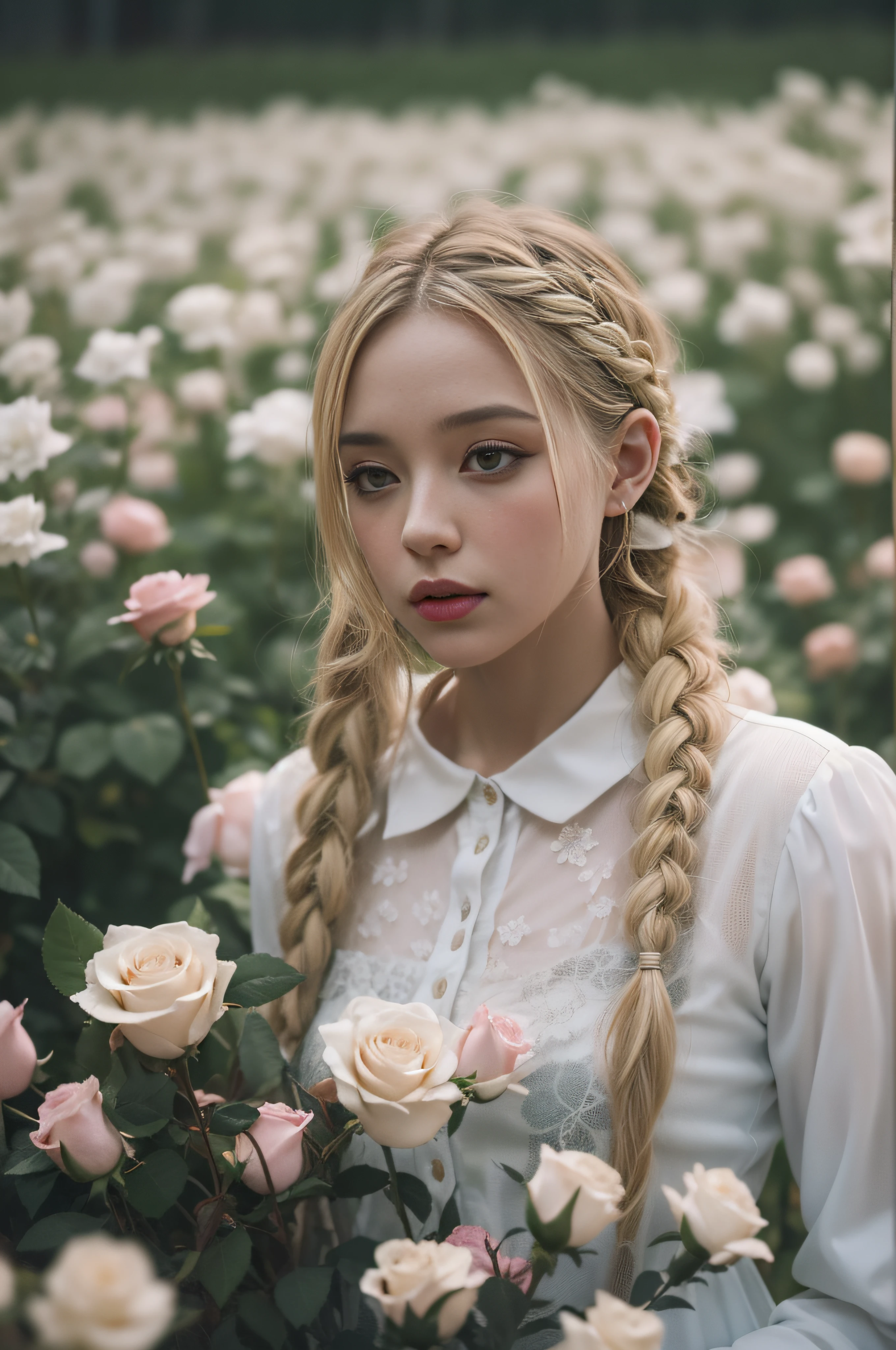 Poetic shots, hazy light and shadow, aestheticism, melancholic film, cloudy day, 1 girl, blonde hair, braids, emotional depth, white dress, flowers, flower fields, roses, bloom, ultra detailed, film grain