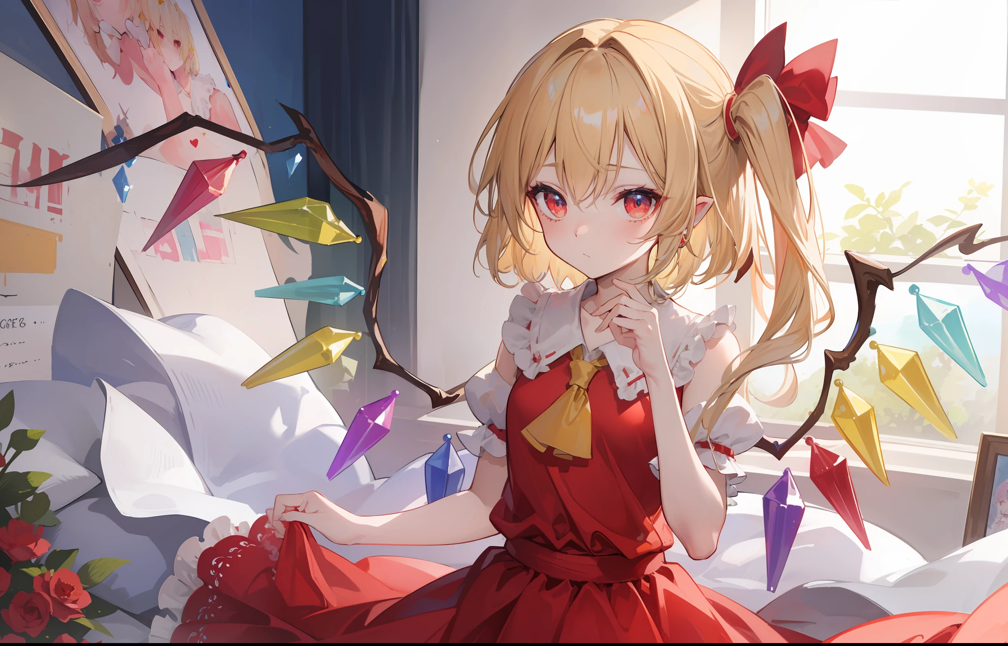 (((Flandre Scarlet))),(((Blue Fit and Flare Dress))) {extremely delicate and beautiful girl}, extremely delicate and beautiful girl, watercolor medium, Beautiful detailed girl, watercolor medium, Whole body, from a_Above, looking over eyeware, Beautifully painted, flat chest, girl,Woman,Female, Young,20 years old, absurdly long hair, {{Wavy Hair}}, {Bangs}, hair between eye, {Twin braids}, side locks, Brown hair, delicate and intricate hair, Delicate beautiful face, embarrassed, up looking_Away, Closed_Mouth, Delicate arm and hands, {Medium_breasts}, blond eyes, {Mottled sunlight on her}, Detailed background,