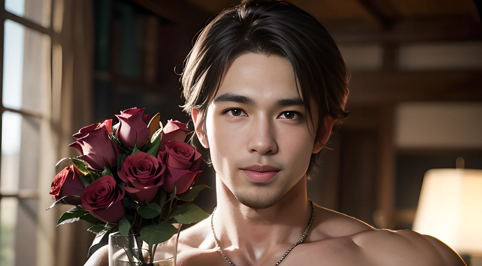 ((Men only)), (Cowboy Shot), (handsome muscular man in his 30s), handsome muscular man with a big red rose, Mischievous smile, (detaile: 1 in 1), Natural muscles, HIG quality, beautidful eyes, (Detailed face and eyes), (Face、: 1 / 2), Noise, Real Photographics、... .............................................................PSD, Sharp Focus, High resolution 8K, realisitic & Professional Photography, 8K UHD, Soft lighting, High quality, Film grain, FujifilmXT3