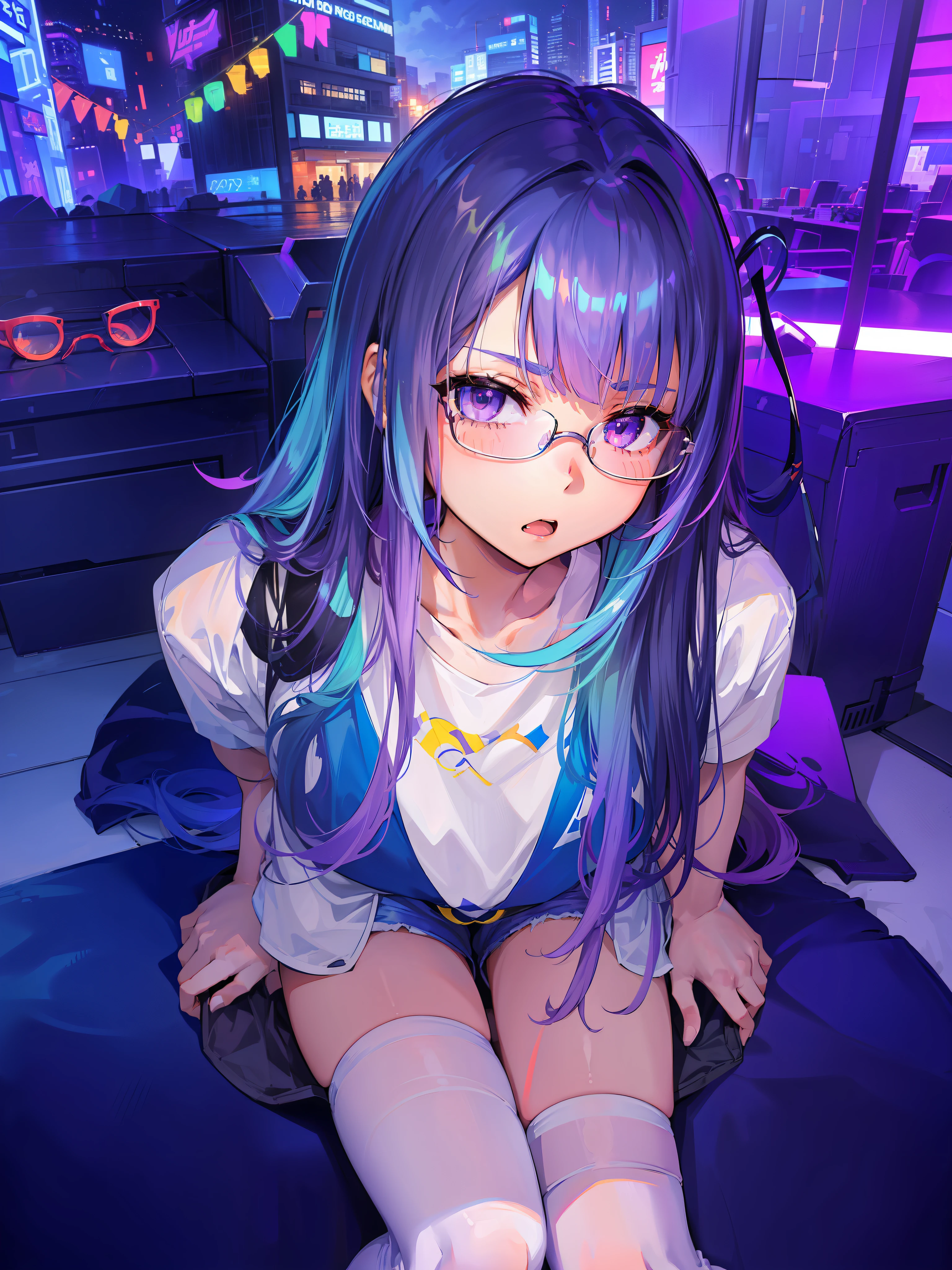 (teens girl,figura,校服,Gradient long hair+lightblue hair+The end of purple hair+red half-rimmed glasses+Purple Eye:1.2,White T-shirt+Blue Super Shorts,White over-the-knee stockings, The expression is confident、Static)