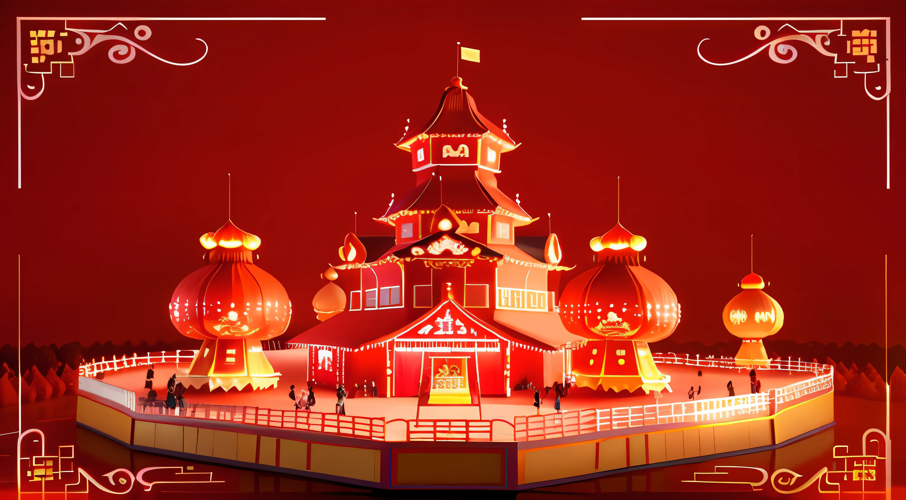 Mid-Autumn Festival mooncake jade rabbit theme has a red background,Cartoon picture of Mid-Autumn Castle above, amusement park interior design, , raytraced 3d set design, animation model, 2 d cg, An amusement park, Mid-Autumn Festival Jade Rabbit mascot 3D illustration, 3 D 插图, Mid-Autumn Festival amusement park attractions, Stylized digital illustration, fairground rides, depiction, A mooncake theme park related to the Mid-Autumn Festival, 4D, joyous, 4 d