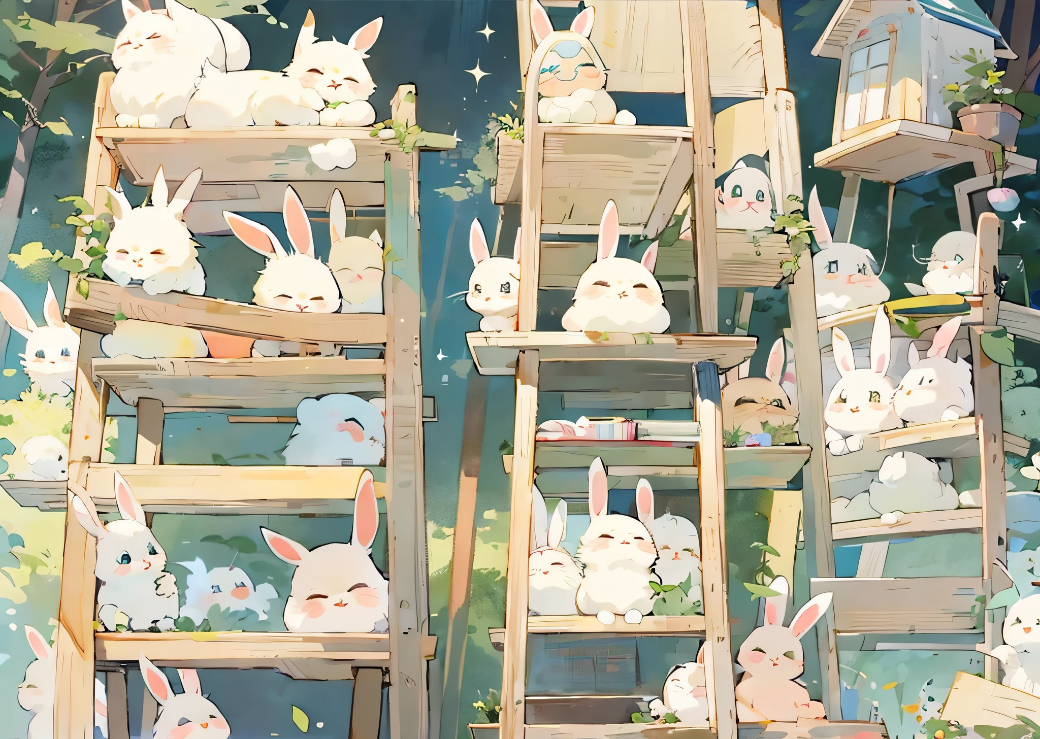 There are many stuffed animals on the ladder in the sky, trending on cgstation, bunnies, lovely art style, cute artwork, adorable digital art, Rabbits, Cute cartoon, trending at cgstation, Cute detailed digital art, Cute anime, cute detailed artwork, trending on pixiv, So cute, cute cute, cute illustration, a forest with bunnies