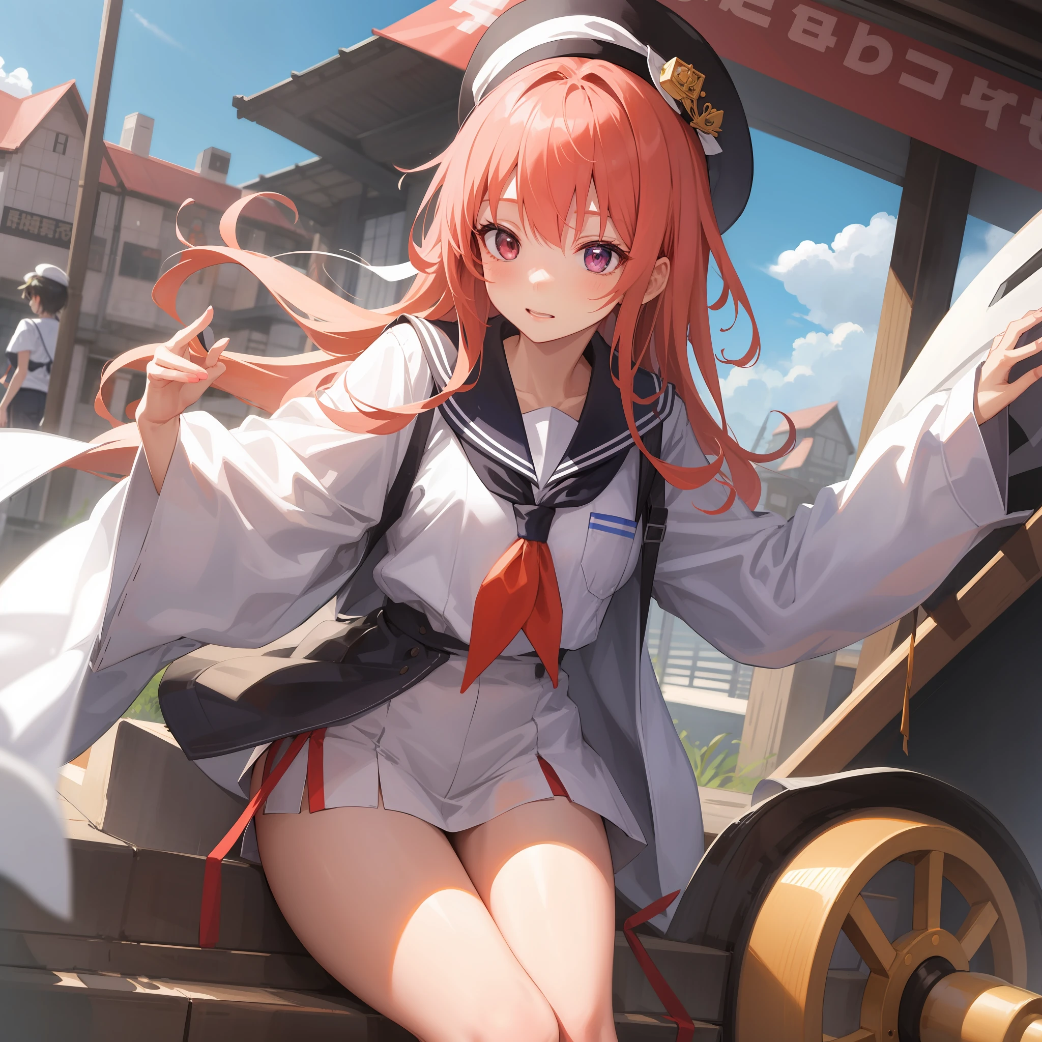 a close up of a person with a hat on and a sailor outfit, an anime drawing inspired by Puru, trending on pixiv, shin hanga, Waifu, anime visual of a cute girl, Anime Huaifu, wataru kajika, iwakura lain, close up iwakura lain, small curvaceous loli, Also, rei hiroe