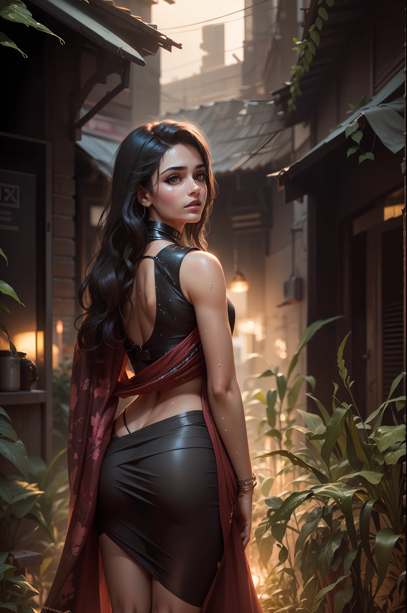 Cyberpunk, beautiful girl, wet body, big chest, Indian girl with sari, best quality, ultra realistic face, ultra realistic body, suprem details, 8k, not a cartoon face, realistic face