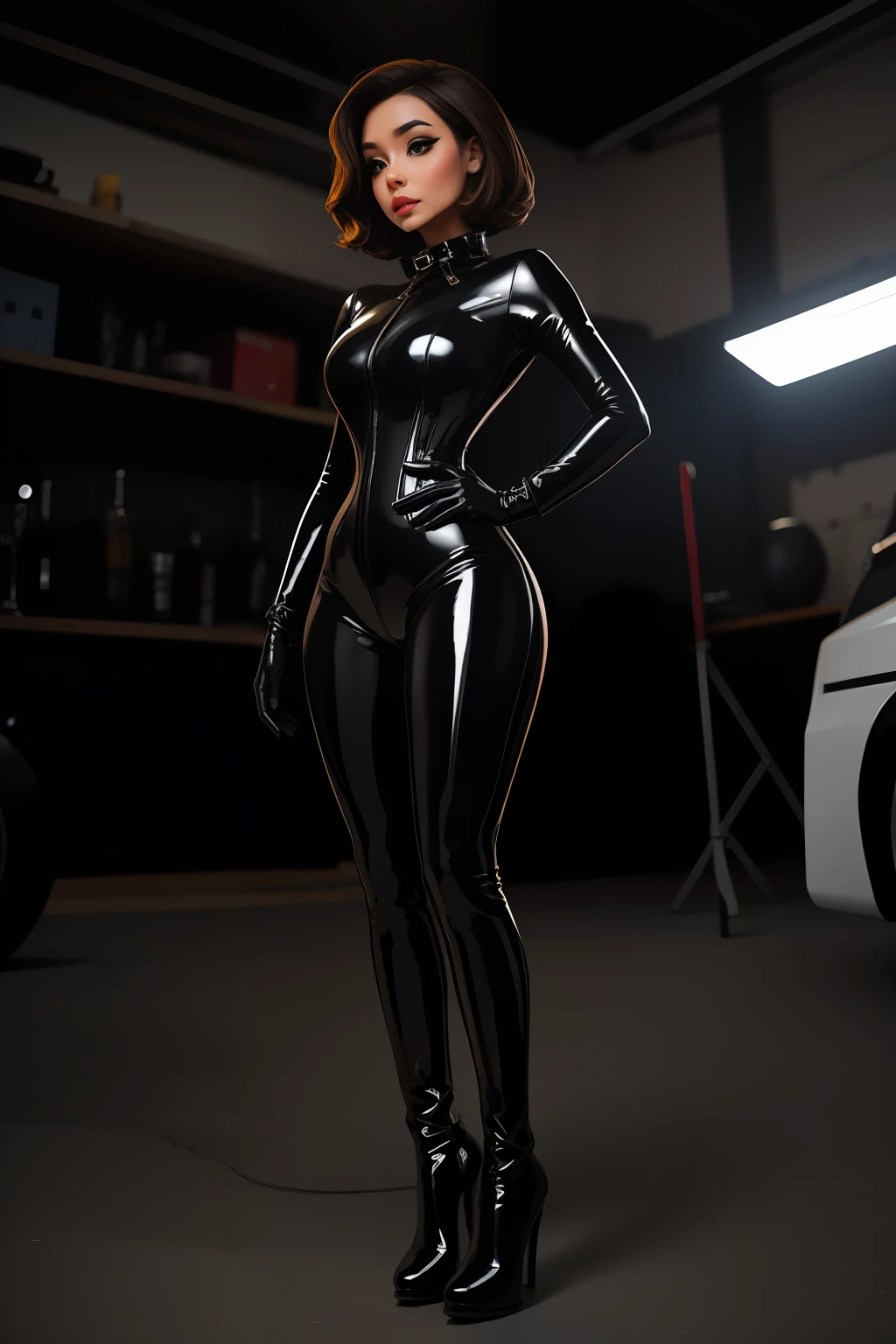 solo, super fine photo, full body photo picture Unreal Engine 5 8K UHD, black color scheme tight and thick latex catsuit, slim body, rubber catsuit, shiny latex catsuit, latex long glove, latex high heels boots, corset, harness, arm and leg cuffs, latex collar, beautiful make up, best quality, masterpiece, unified 8k wallpaper, super detailed, sharp focus, sexy pose,