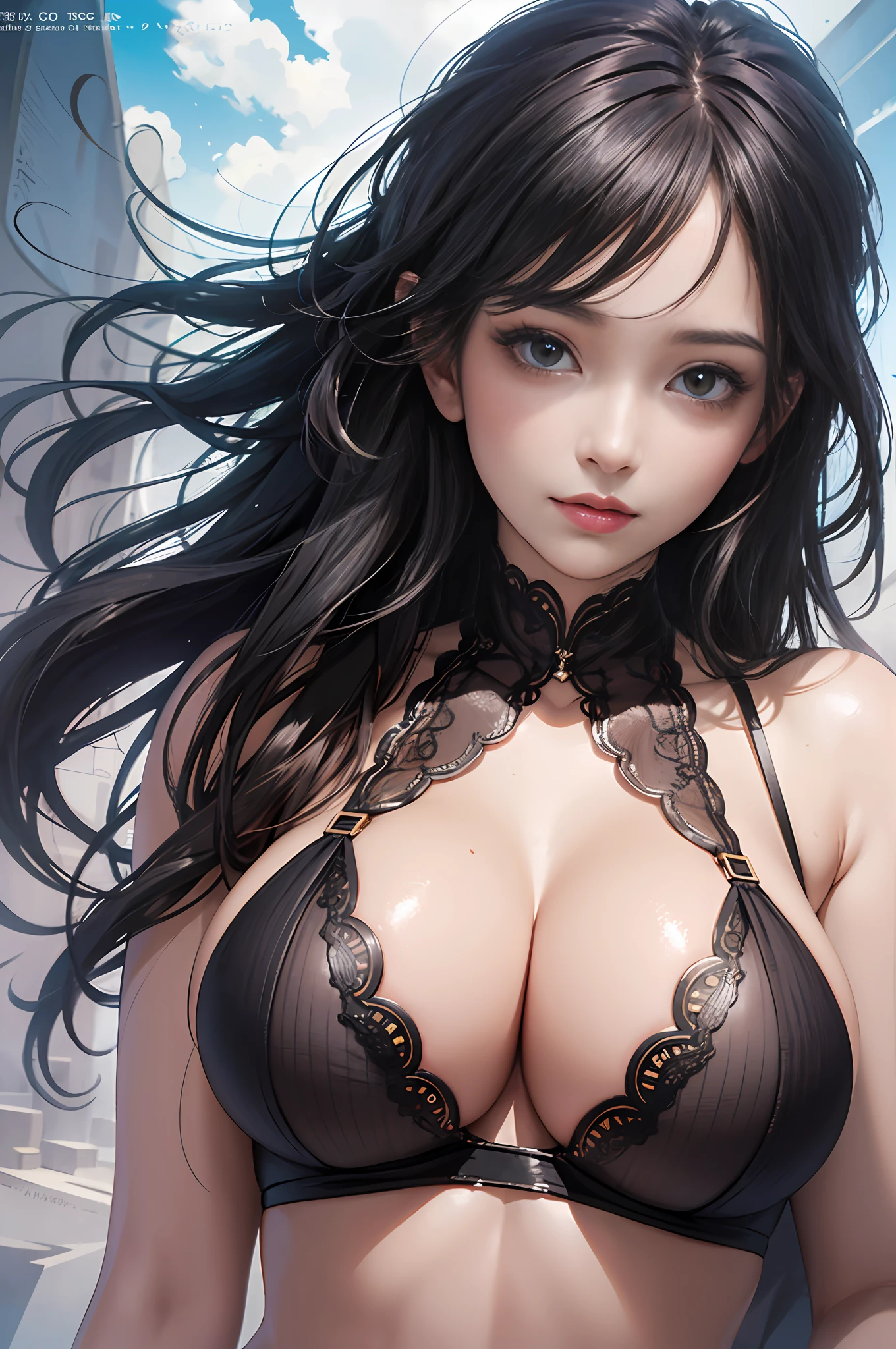 best qualtiy, tmasterpiece, photograph realistic, Complicated details, RAW photogr, Photon rendering, rendering by octane, absurderes, ultra - detailed, 详细的脸, Detailed skins, trends in art station, 8K masterpiece, cinmatic lighting, ( (1girll)),((独奏)),((looking_at_viewer)), CG Social Trends,plastics,((cabelos preto e longos)),((Beutiful women)),(ssmile),Bigboobs,nedium breasts,huge tit,gigantic cleavage breasts,Cleavage sexy lingerie, underdressing, underdressing, brassier,((Egyptian pyramids)),(Raised sexy)), The wind blows hair, ((floated hair)),cheerfulness,fashion magazine,