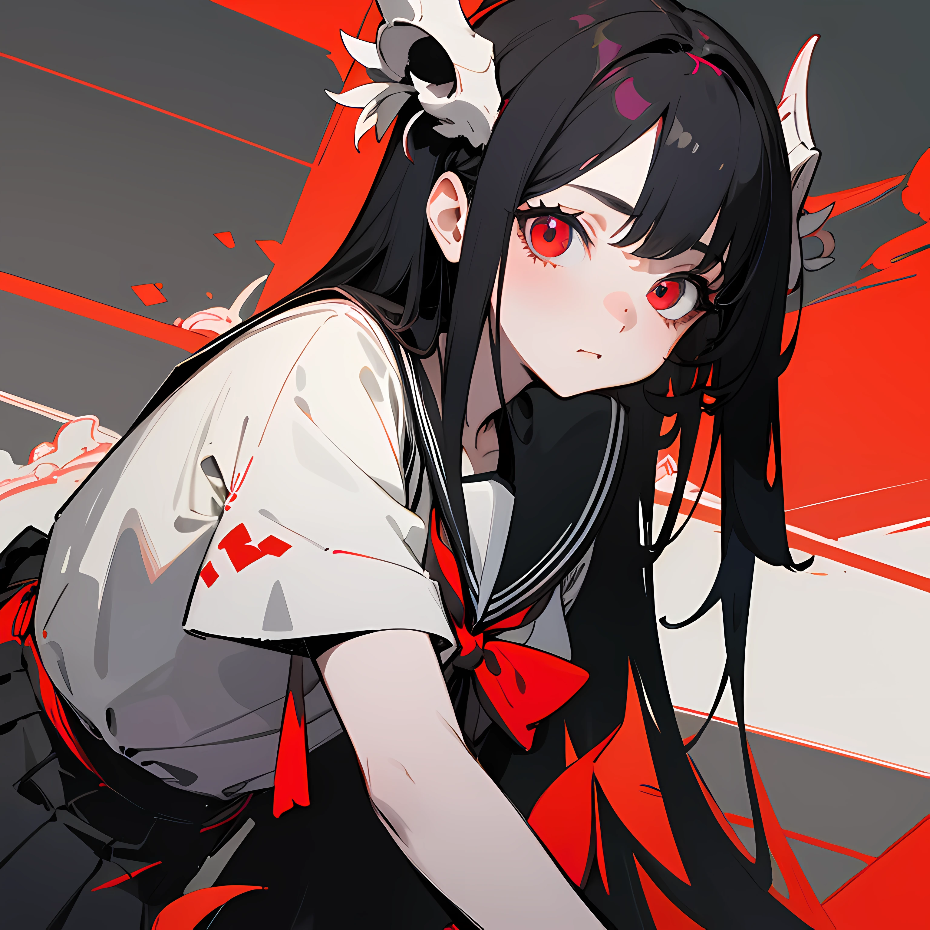 masterpiece, best quality, flat color, limited palette, low contrast,
1girl, serafuku, long straight black hair,
lycoris flower, goat skull,
(red, black)
