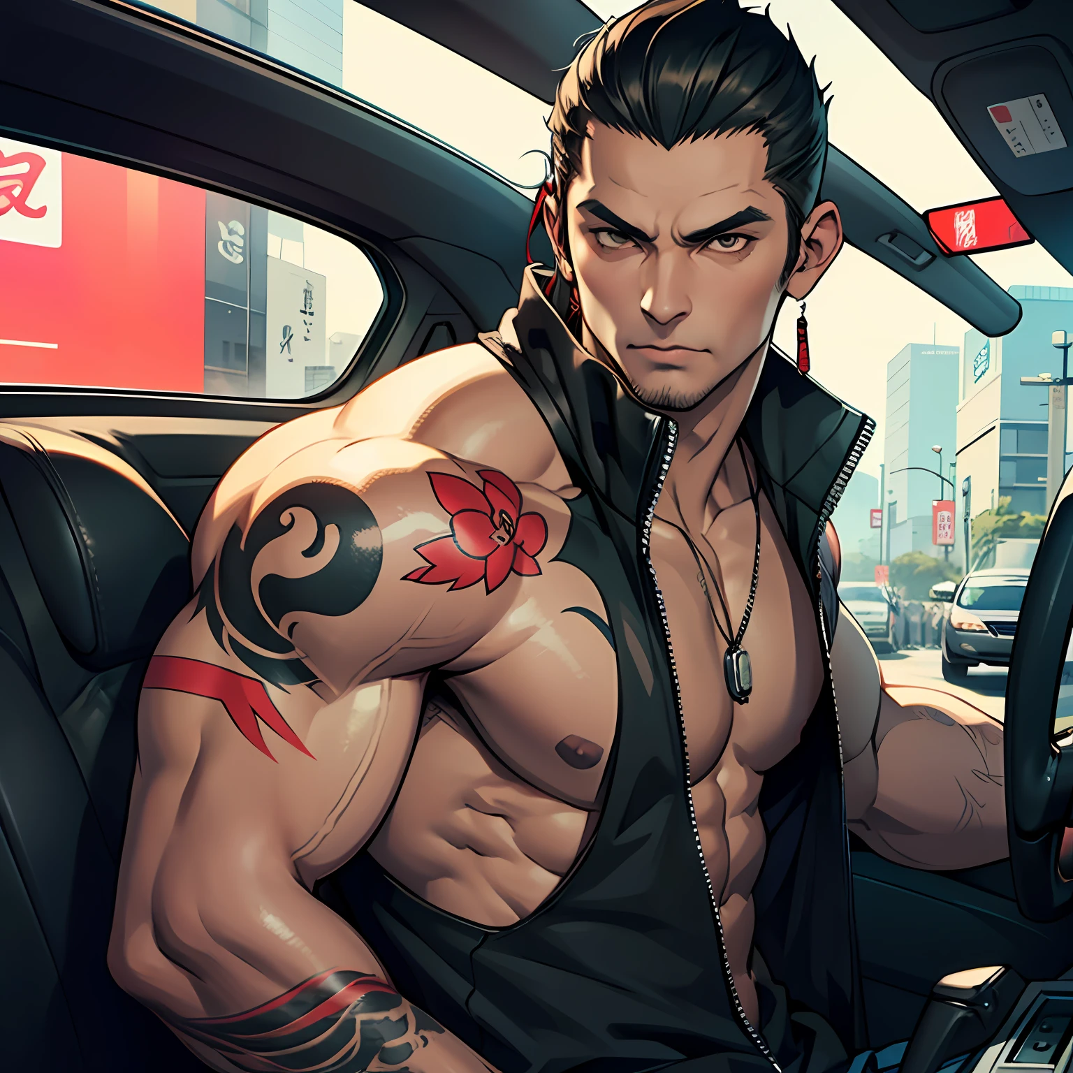 Yakuza 5 people, Front of the car, black, tattoo, The Perfect Car, Perfect bodies, In costume, 5 Male Yakuza, highres, 8k, Best quality, super detail, detailed face and eye
