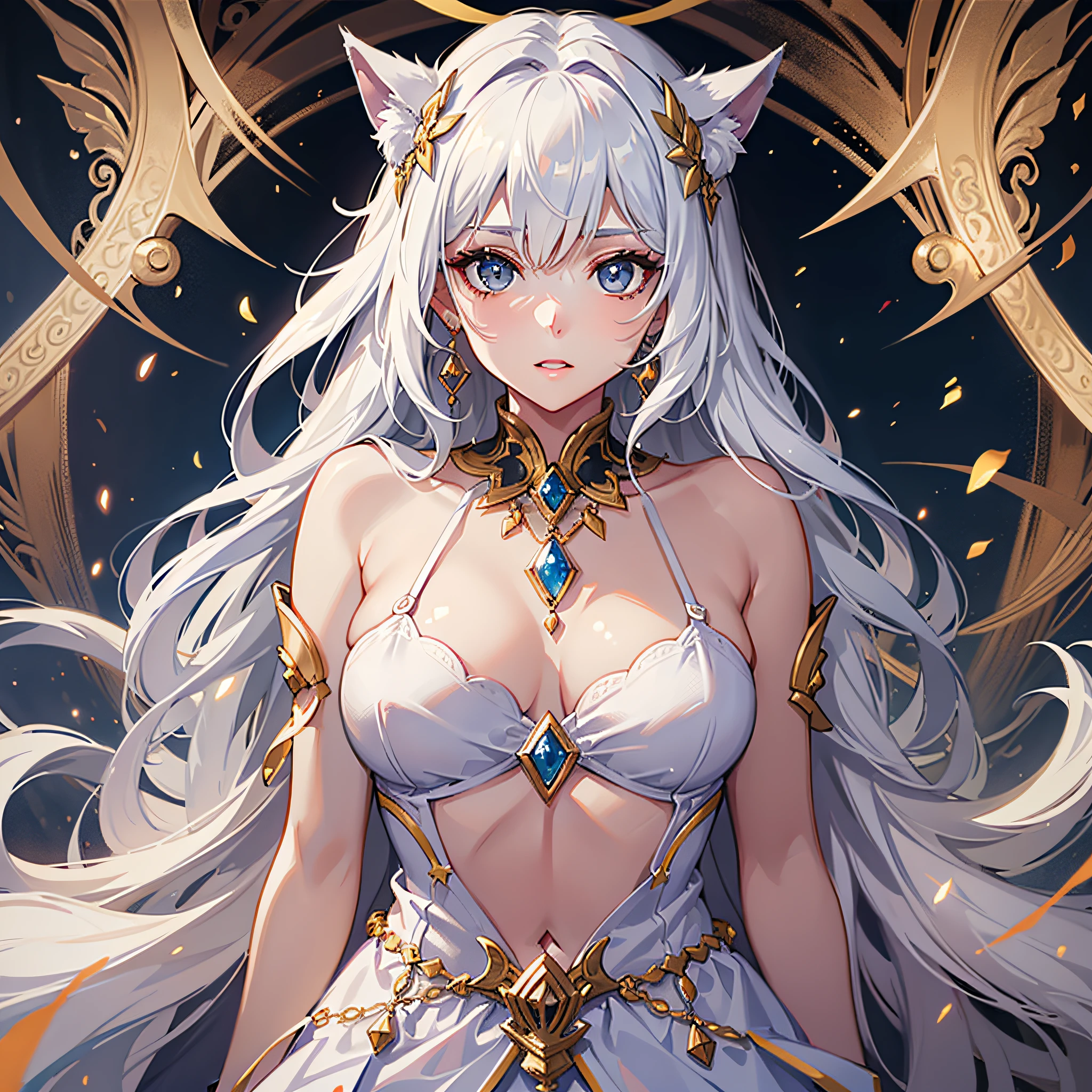 White hair,White skin,solo person,Beautuful Women,fox ear,Face Shadow,Facial highlights,gold eyes,Gradient eyes,white colored eyelashes,(rich colours),(Delicate makeup),(Thick lips),lipsticks,glowing light eyes,(High-gloss eyeshadow),(Smooth, straight hair),Delicate facial portrayal,The lighting effects of the movie,level,18k,Master masterpieces,Ultimate detail,rich colours,(The hair is decorated with a bow),(A beam of light hit her in the face),(Hair glowing hair),Peerless beauty,Hair is depicted in detail,Small nose,exquisite lighting and shadows,Straight nose,Very good skin type,Delicate eye description,Clear eyes,(Messy hair),The facial features of the golden ratio,k hd,with light glowing,8K分辨率,超高分辨率,Higher quality,fresh flowers,White glowing particle effect,lifting up skirt,Creampie,exposing her chest,The large,Erotic lingerie,
