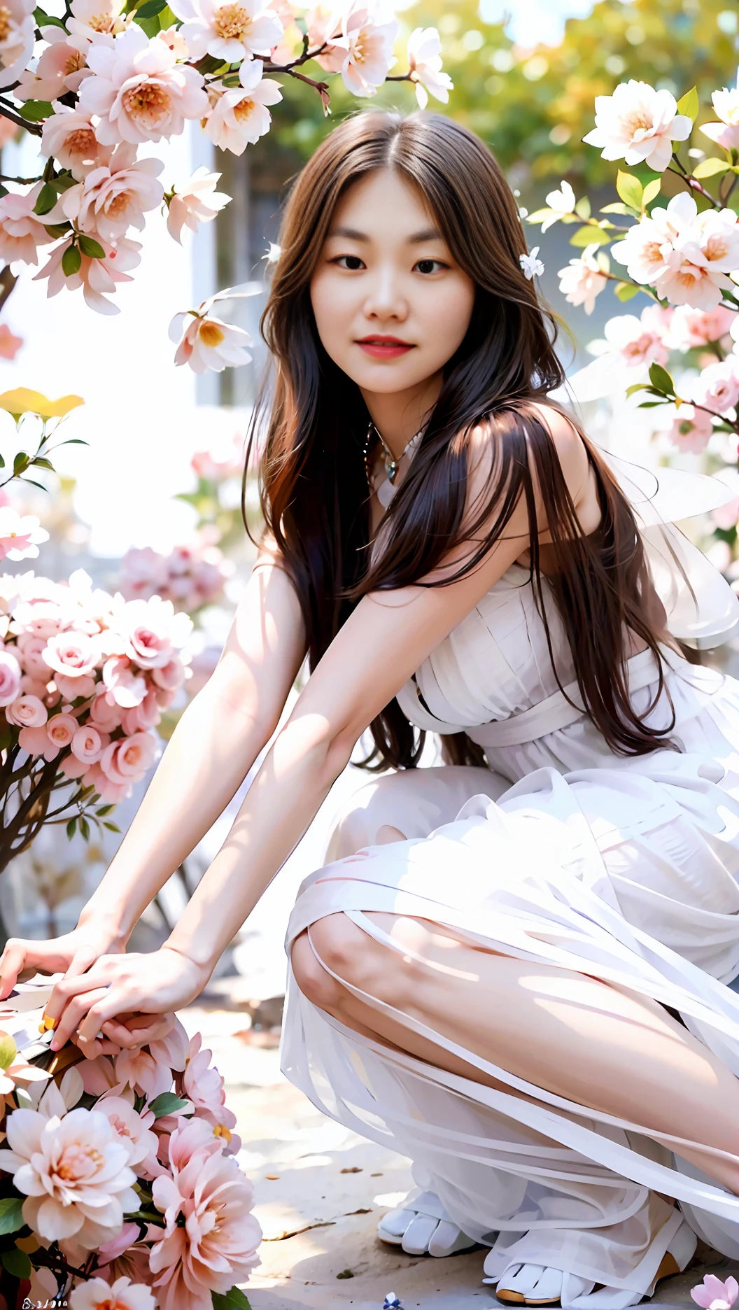 Alpha Asian woman in white dress sitting on flower bed, Beautiful girl model, cute beautiful, Cute and lovely, smiling as a queen of fairies, Cute cute, cute photograph, girl cute-fine face, Middle Metaverse, Lovely smile, beautiful lovely, cute elegant pose, ulzzangs, Beautiful fairy