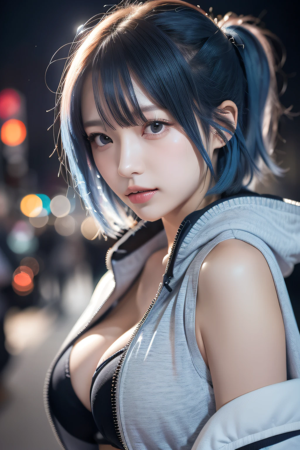 japanaese girl、-yeld giBlue-haired、a beautiful detailed girl、extremely detailed eye and face、Beautiful detailed eyes、streetlights、Soft light、(Raw photography、top-quality)、(is looking at the camera)、short-hair、bangss、A look with a sense of justice、城市、TOKYOcty、夏天、mid night、neons、Near future、cyberpunked、Sheer hood、Short jacket、Sleeveless、shortpants、、Futomo、large full breasts、big breasts thin waist、cleavage of the breast、Street fashion、 a closeup 、dynamic ungle ,