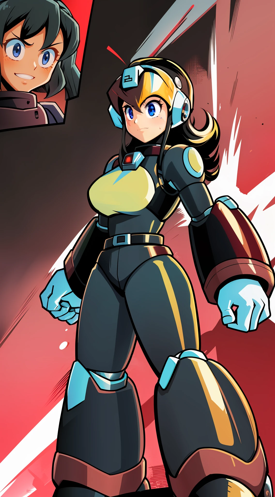 1Girl, Heavily armored, gloves, skirt, heavy cybernetic boots, heavy cybernetic arms, heavy cybernetic torso, waist belt, megamanX heavy armor, long black pony tail, aviator goggles on forehead, heavy thick black hair, metallic red skirt, large sleeveless trenchcoat, red armor with white trim
