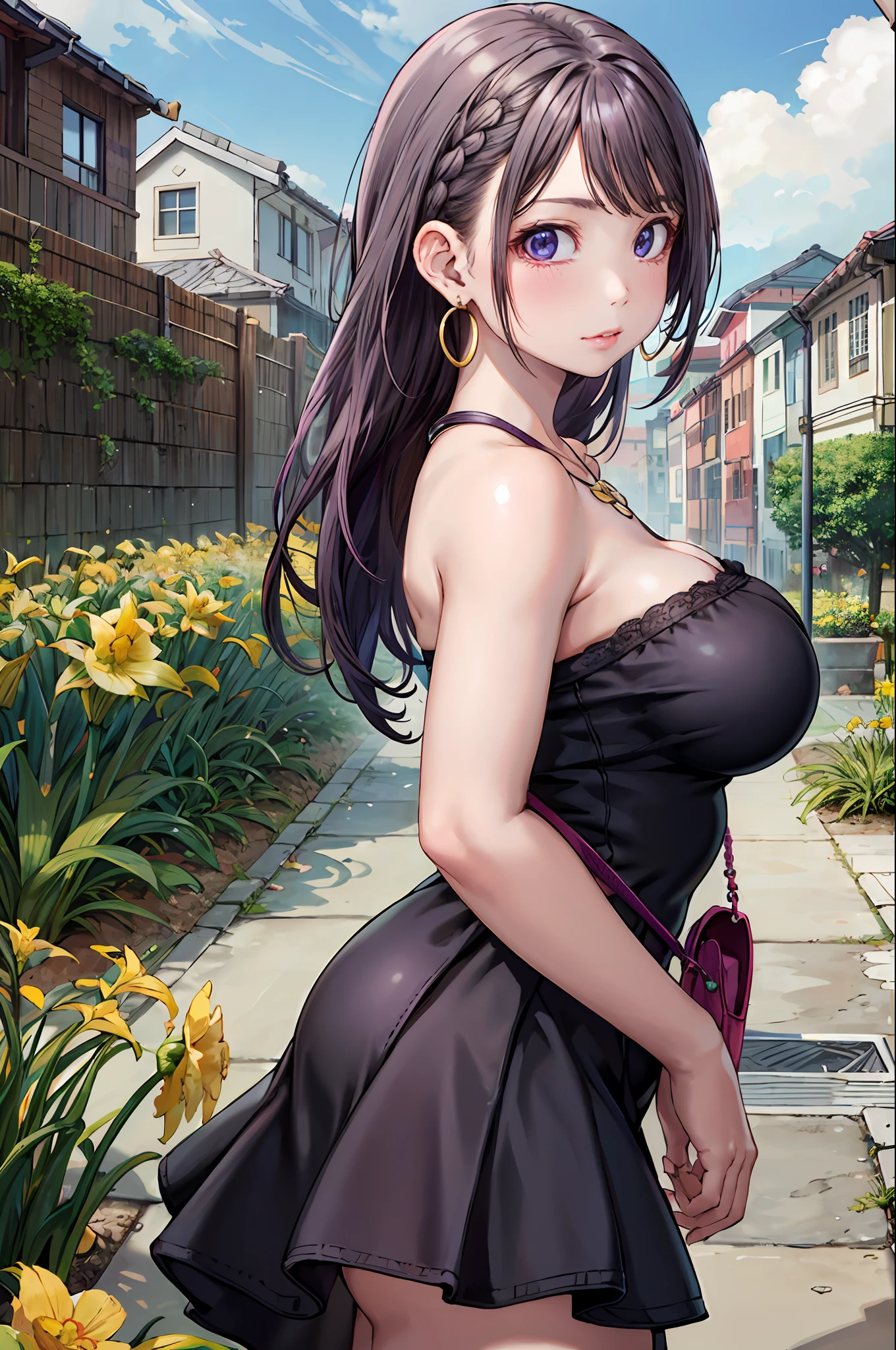 masterpiece, best quality,4girl,young girl, purple_daffodil eyes, brown, cornrows,pale _face,shiny skin,large breasts,, Unbalanced_wrap_dress, ankle_boots, layered_necklaces, hoop_earrings, crossbody_bag, , sensory_garden, looking at viewer,from side,upper body