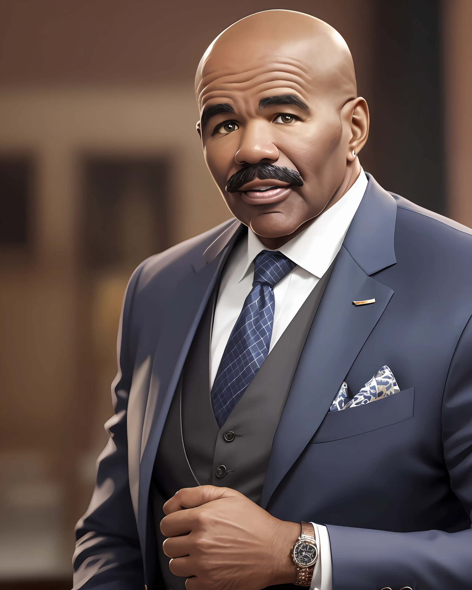 Photo of Steve Harvey , 50 years, successful appearance, brown skin, air of seriousness, wearing suit and tie, best quality, rim lighting, highly detailed skin, 8k uhd, dslr, high quality, high resolution, 4k, 8k --auto --s2