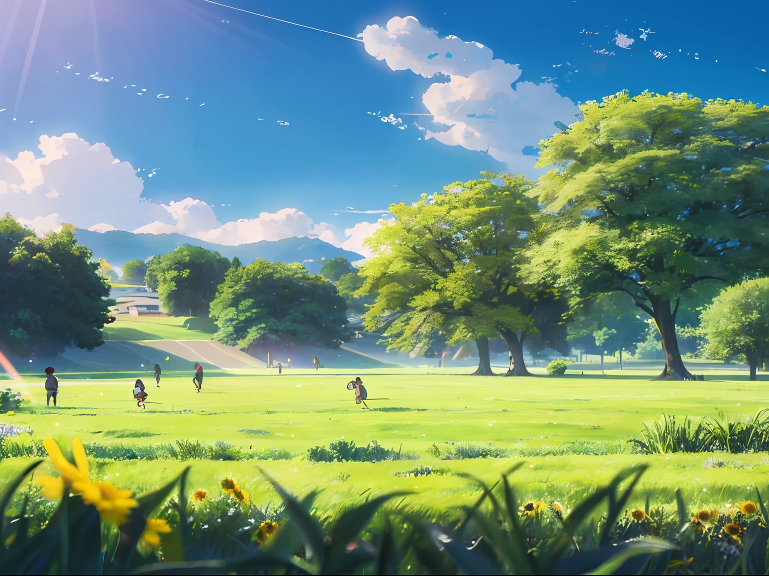kite,grassy fields,enviroment,scenery,exteriors,Dashing children,rays of sunshine,Children,springtime,light wind,green color,designs,illustration,planar, --auto