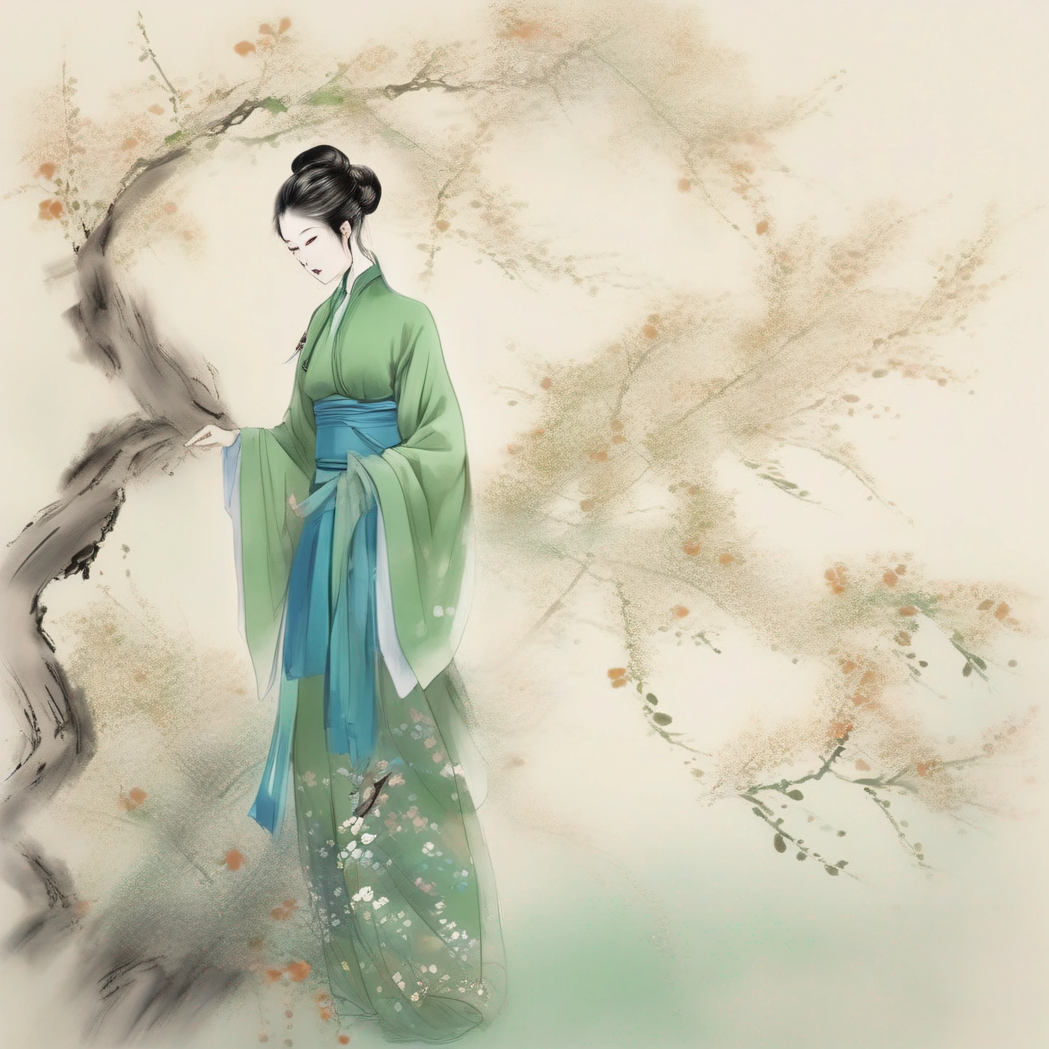 (hanfu),(chinese clothes),((floral print)),((green magnificent print long sleeves)),((blue print see-through dress)),shukezouma, negative space, shuimobysim , portrait of a woman standing , willow branches, (masterpiece, best quality:1.2), traditional chinese ink painting, modelshoot style, peaceful, (smile), looking at viewer, song, willow tree in background, wuchangshuo,