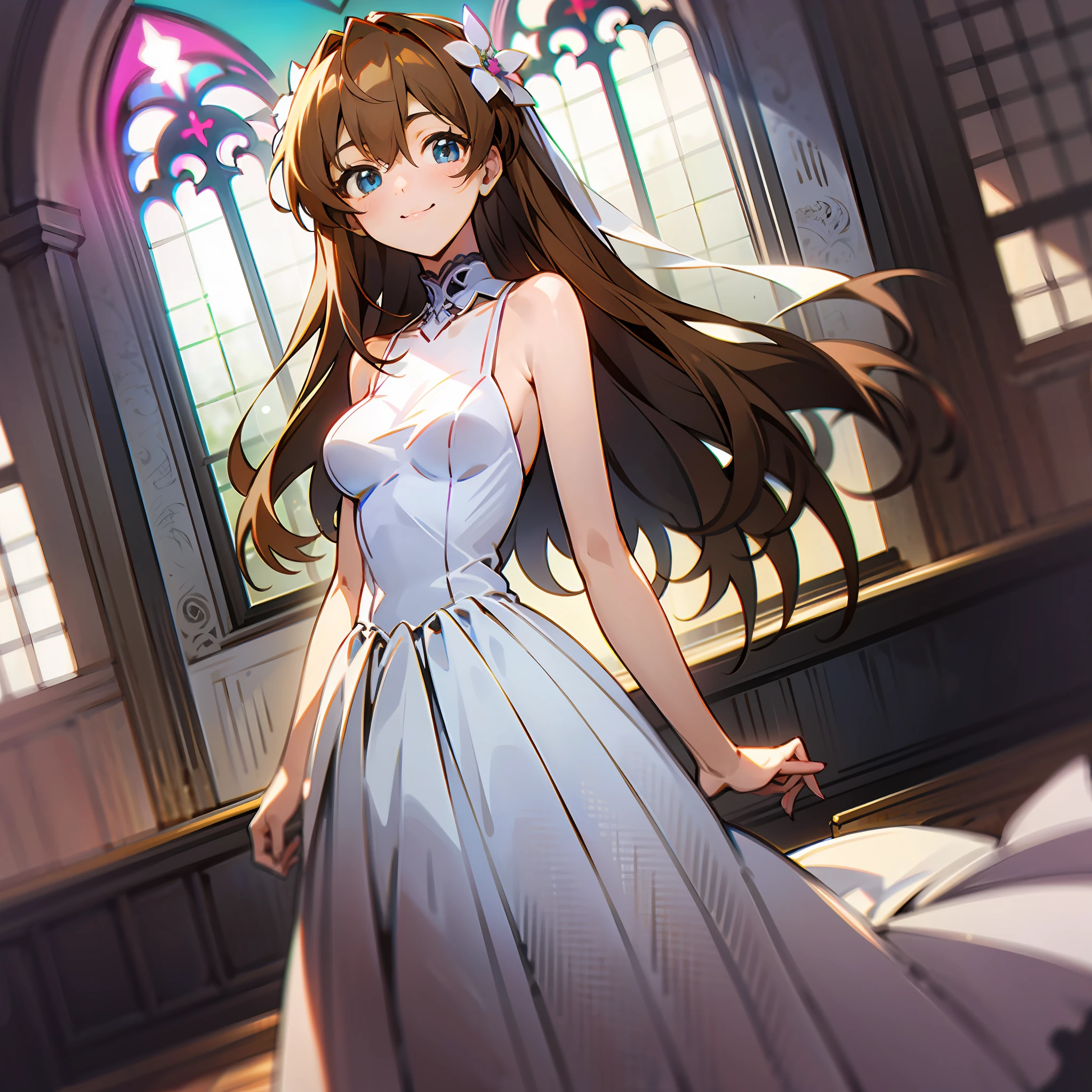 asuka，Hyper-Resolution，Hands behind you，A Gothic Church:0.8，rays of sunshine，lots of brightness，Warm color 1.2，Be close to the audience，The camera is located below the character，Wedding dress 0.6，A large bouquet of flowers 0.9，facing at camera，blue color eyes，Small eyes，ssmile，1个Giant Breast Girl，In front of the window，Wearing a plain white wedding dress，lace decorations，face to the viewer，Long brown hair，人物，standing on your feet，inside in room，light and shadow effect，