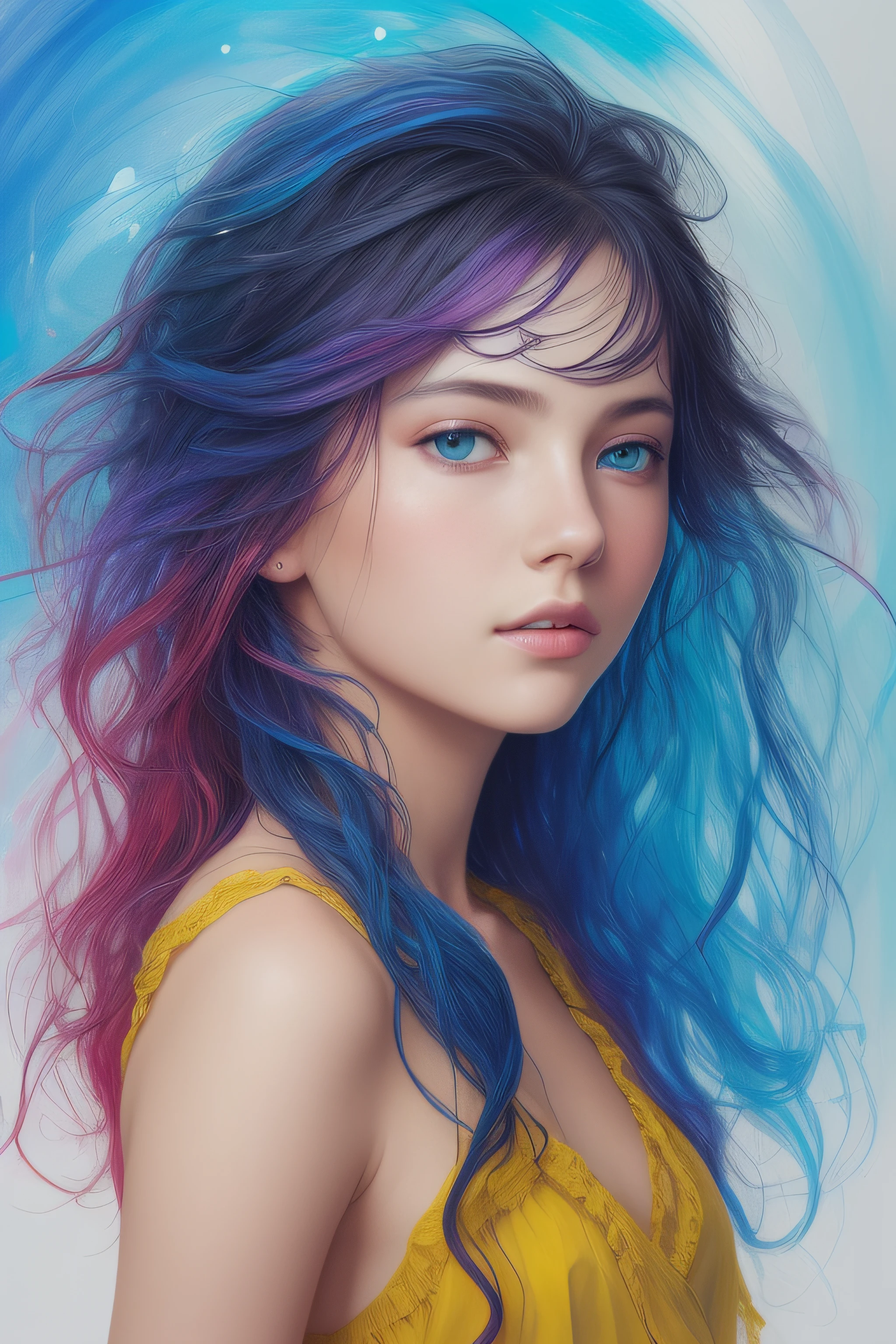 Colorful beautiful girl: a giru 8-years old, messy hair, oil painting, nice perfect face with soft skinice perfect face, blue yellow colors, light purple and violet additions, light red additions, intricate detail, splash screen, 8k resolution, masterpiece, cute face,artstation digital painting smooth veryBlack ink flow: 8k resolution photorealistic masterpiece: intricately detailed fluid gouache painting: by Jean Baptiste Mongue: calligraphy: acrylic: watercolor art, professional photography, natural lighting, volumetric lighting maximalist photoillustration: by marton bobzert:, complex, elegant, expansive, fantastical,  wavy hair, vibrant