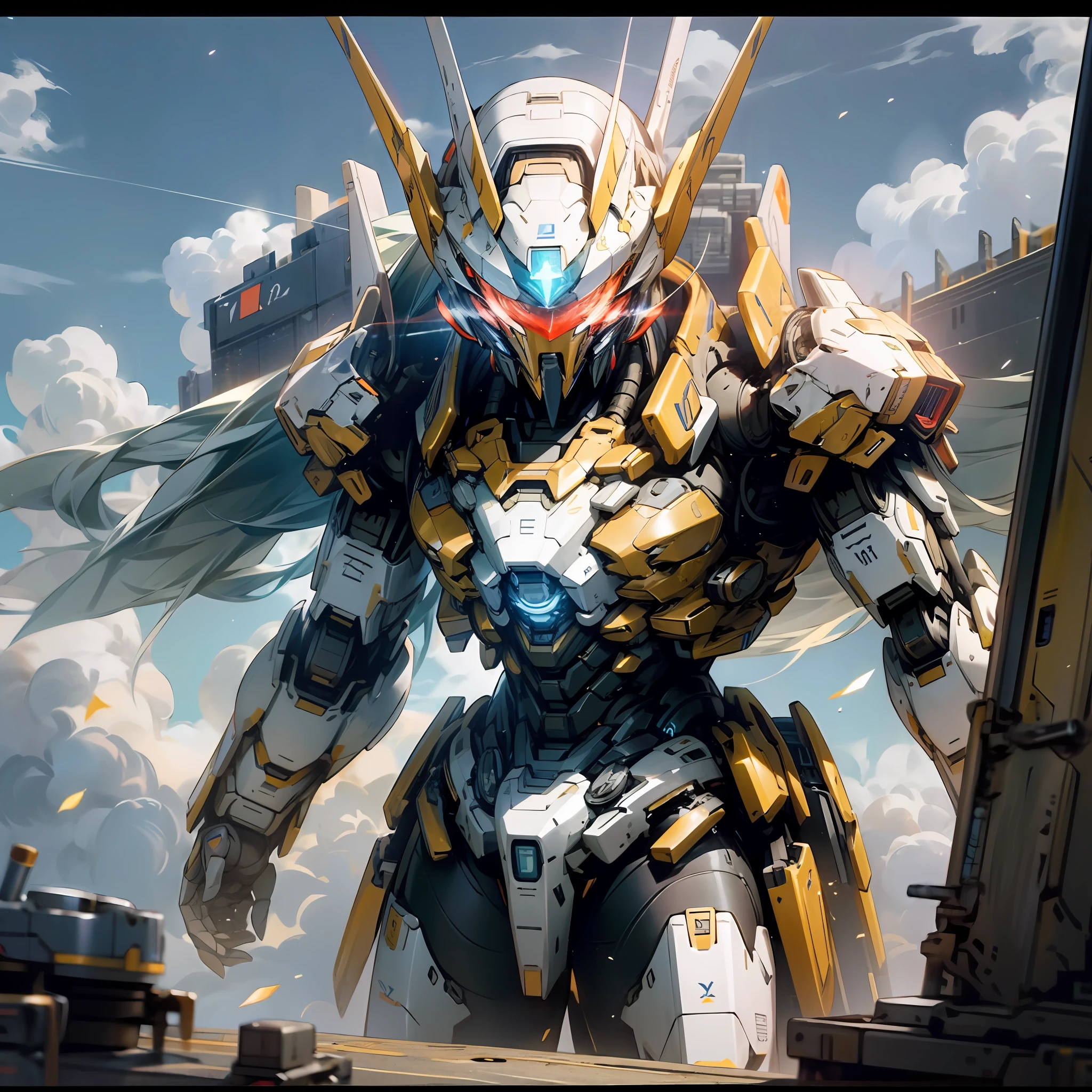 Skysky, clouds, Holding_arma, No_Humanity, with light glowing, , droid, build, Glowing_Eyes, mechs, Science_fiction, 城市, Realistis, mechs, Red part, Yellow part, mech wings, robot wings ,Virtual engine rendering Saint Seiya,Barbatos Gundam,greek god in mecha style,There are warships in the sky,StarCraft 2 Hyperion,hyper realisitc,Realiy --auto