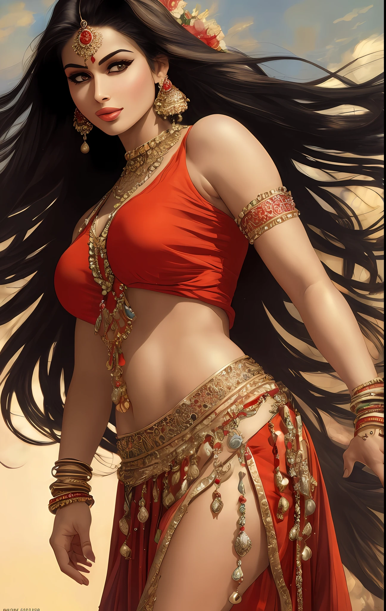 ((realistic:1.5)),((best quality)), ((masterpiece)),((detailed)), (1girl), Mouni Roy {a beautiful female, (upper body:1.3), smiling. dancing in a garden, back view. super-wide-angle lens,face focus, mature,sexy,long legs,curvy, barefoot, large breasts, skimpy loin cloth below, rear visible, wide hips, thin legs, brown eyes,long black hair,floating hair,long eyelashes, (detailed face,beautiful eye, detailed pupils, clear background:1.3), (Bindi,Jhumkas:1.3), (Armlet, Haar, Payal,Maang Tikka,Jhumkas,Kamarband,Bangles:1.3), ancient temple, large bells, best shadow,bright details,sharp,perfect composistion, Intricate, Sharp focus, dramatic, by Frank Frazetta,by Julie Bell,by Olivia De Berardinis,by Luis Royo,by boris vallejo