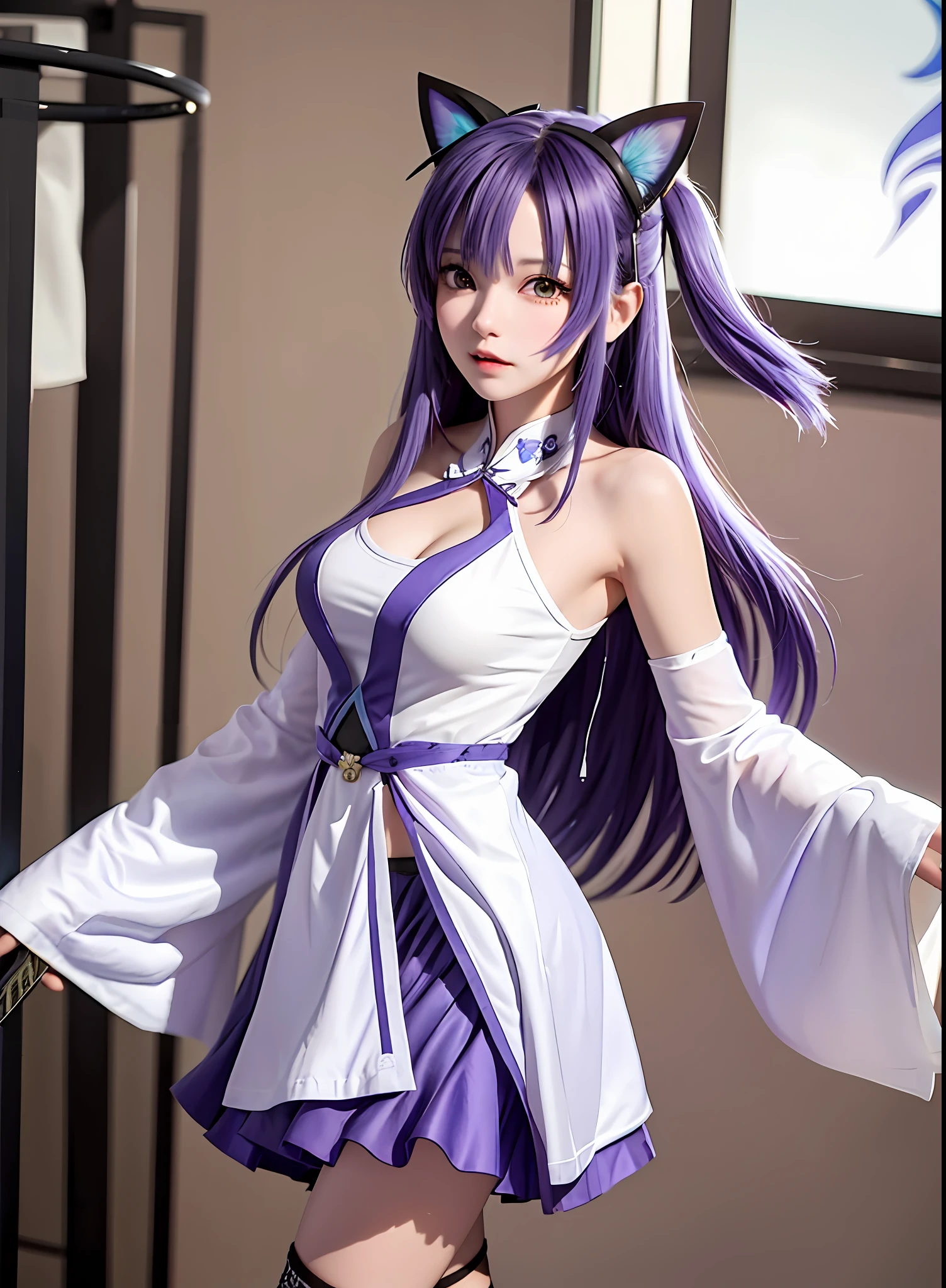 A woman,Purple cat ears,The clothes are a combination of purple and white,Purple tail,Wear white knee-length socks,out your tongue,Purple colored hair,style of anime,Eyes seductive,One hand holds the sword in front of his chest,The chest is particularly large,Leaking out of the ass,Climbing on the bed without panties