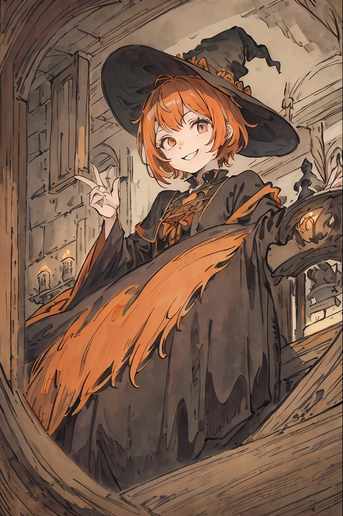 ((masterpiece))、((top-quality))、((Official art))、8K、very detailed illustration、One girl、orange color hair、Witch Hat、Shorthair、A detailed eye、(Interior of the old castle 1.2)、The dim、(Gothic Wizard Costume 1.2)、((The Witch's Daughter))、((A smile))、(Spiteful look 1.5)、Pose like the perfect model