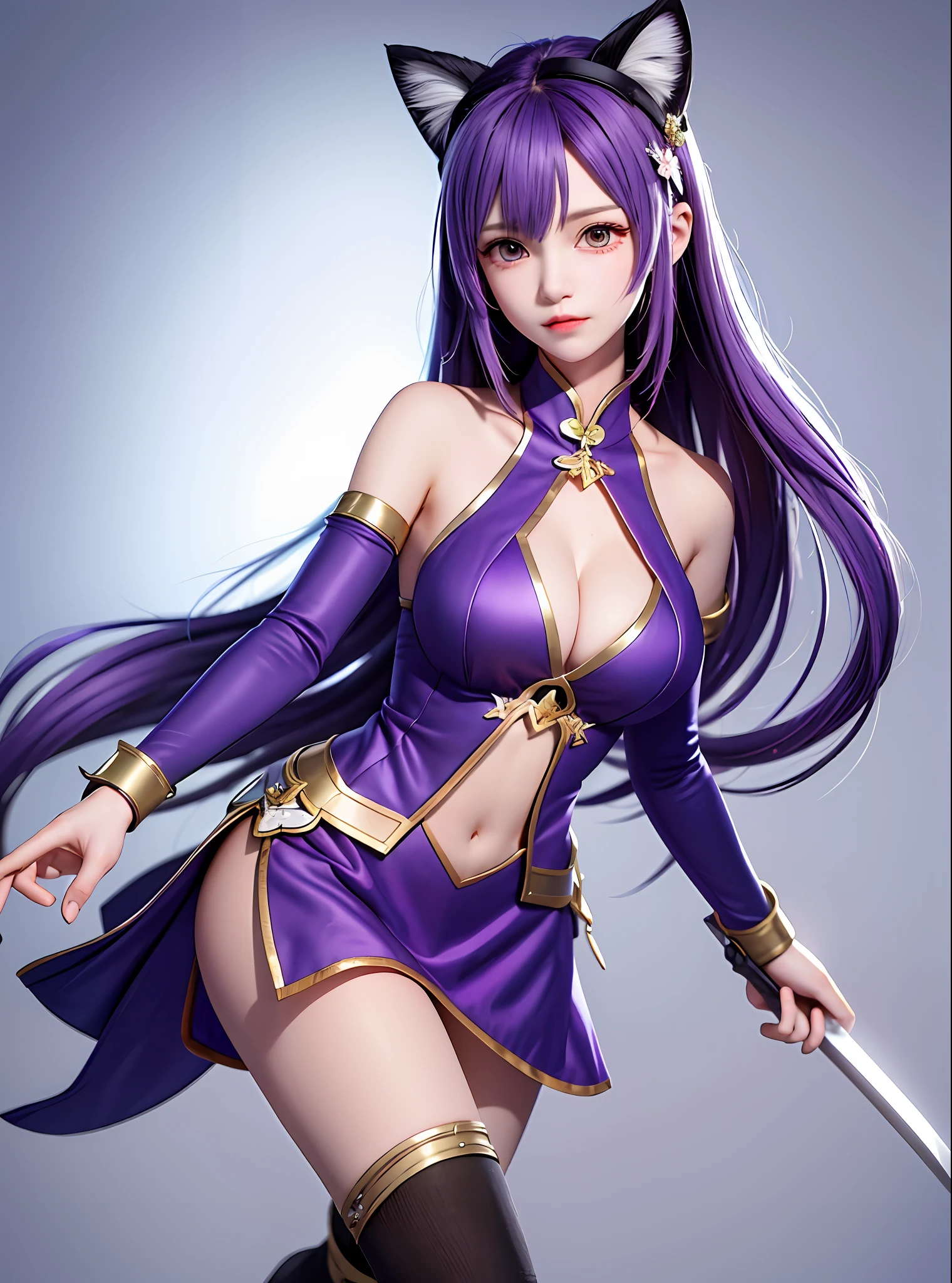 A woman,Purple cat ears,The clothes are a combination of purple and white,Purple tail,Wear white knee-length socks,out your tongue,Purple colored hair,style of anime,Eyes seductive,One hand holds the sword in front of his chest,The chest is particularly large
