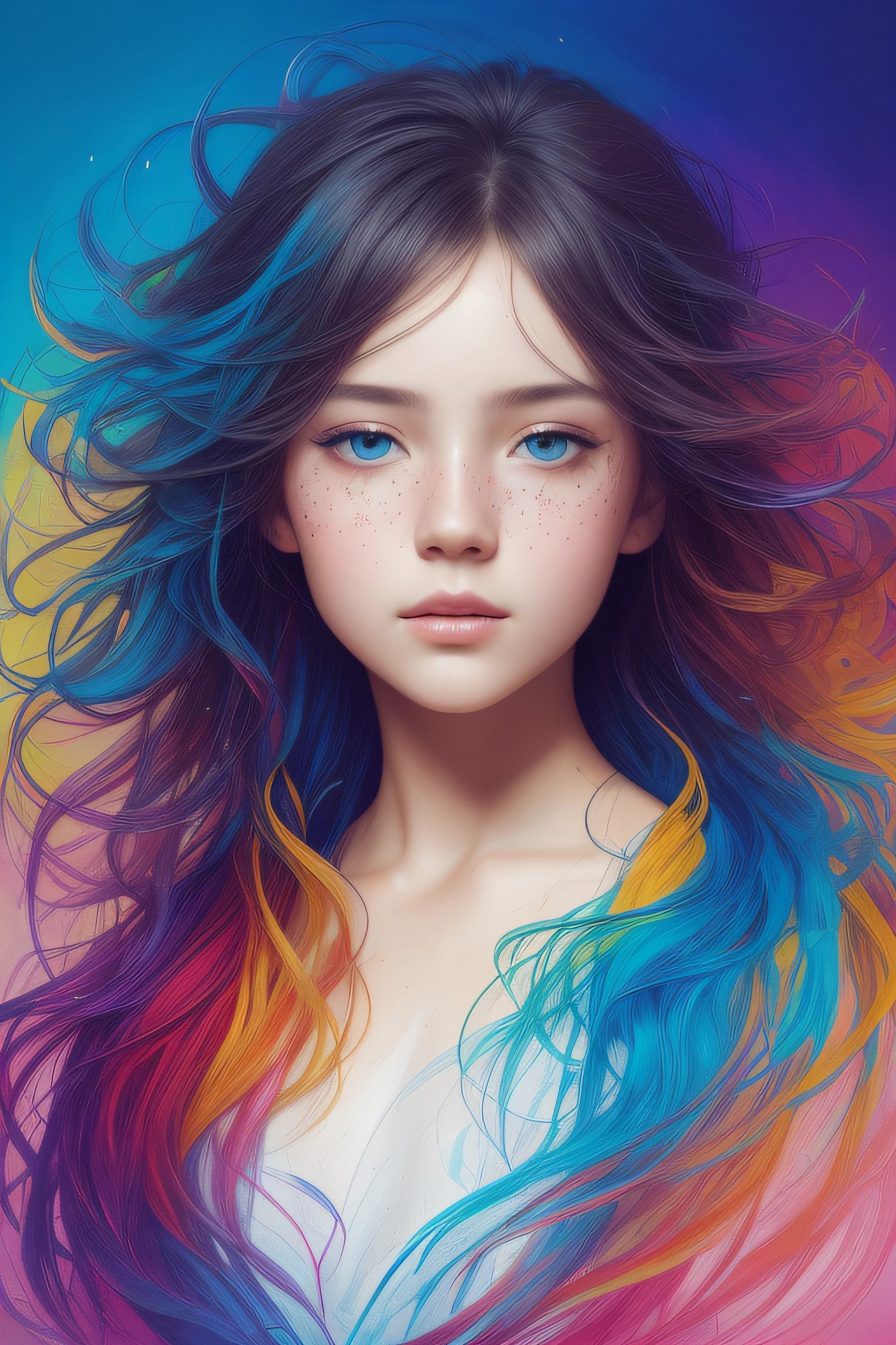 Colorful beautiful girl: a giru 8-, messy hair, oil painting, nice perfect face with soft skinice perfect face, blue yellow colors, light purple and violet additions, light red additions, intricate detail, splash screen, 8k resolution, masterpiece, cute face,artstation digital painting smooth veryBlack ink flow: 8k resolution photorealistic masterpiece: intricately detailed fluid gouache painting: by Jean Baptiste Mongue: calligraphy: acrylic: watercolor art, professional photography, natural lighting, volumetric lighting maximalist photoillustration: by marton bobzert:, complex, elegant, expansive, fantastical,  wavy hair, vibrant