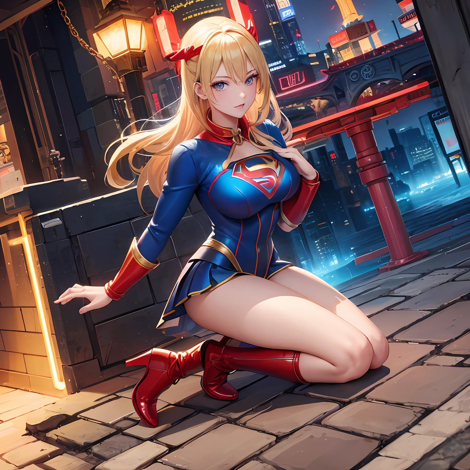 Lego style, Amusement park scene, rich color matching, blind box style, toy model,voxel,The is very detailed,超高分辨率,8K UHD ,Supergirl,heroic look,Shattered Superman costume,A red collar connected by a chain,high-heels,huge tit,Collapsed on the ground,coiffed blonde hair,Red boots,bared chest,Broken clothes were scattered on the ground ,deep in the night,rays of moonlight ,hands restrained --auto --v 6