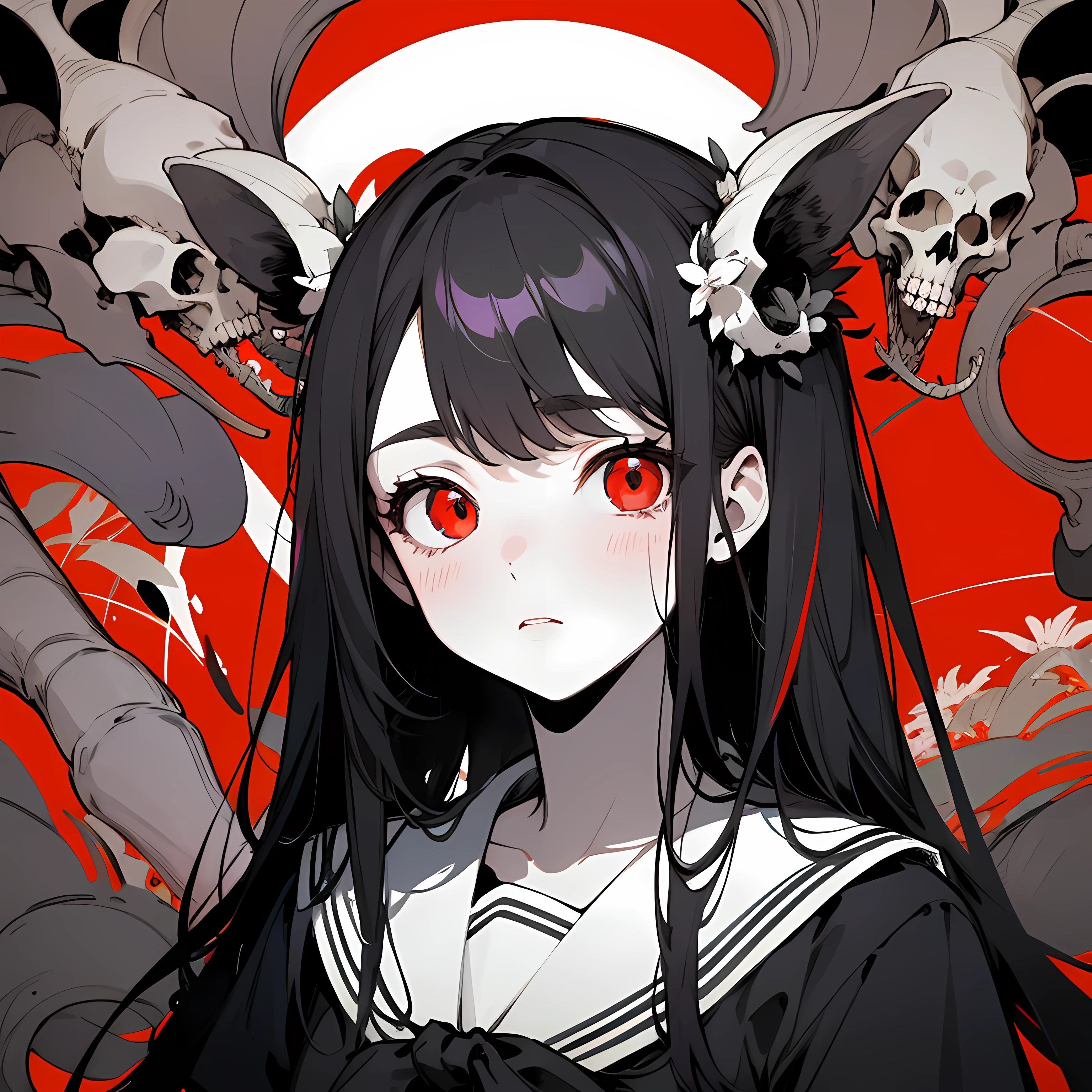 masterpiece, best quality, flat color, limited palette, low contrast,
1girl, serafuku, long straight black hair,
lycoris flower, goat skull,
(red, black)